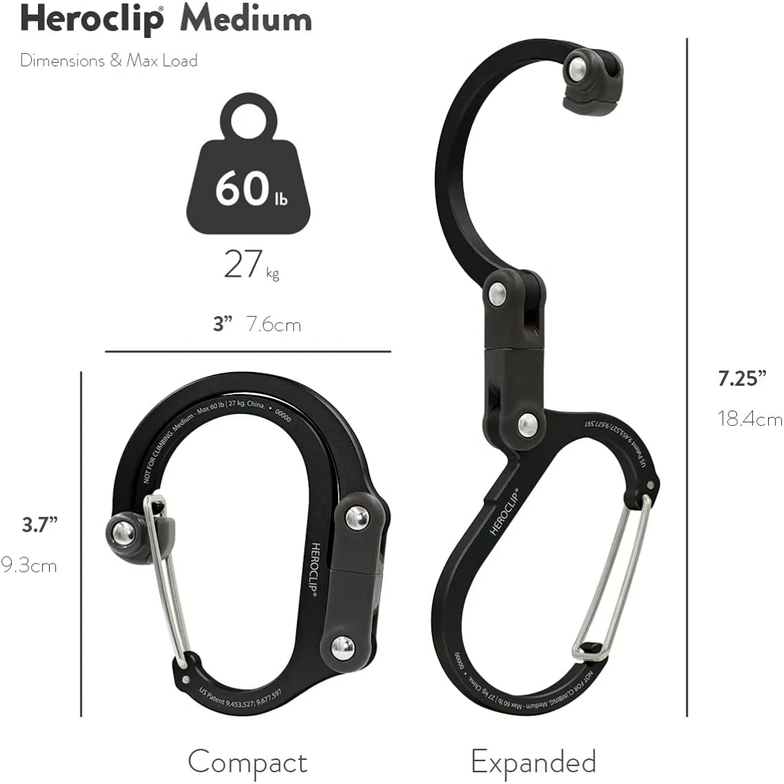 HEROCLIP Carabiner Clip with Swivel Hook (Medium) - Red/Blue (2-Pack)