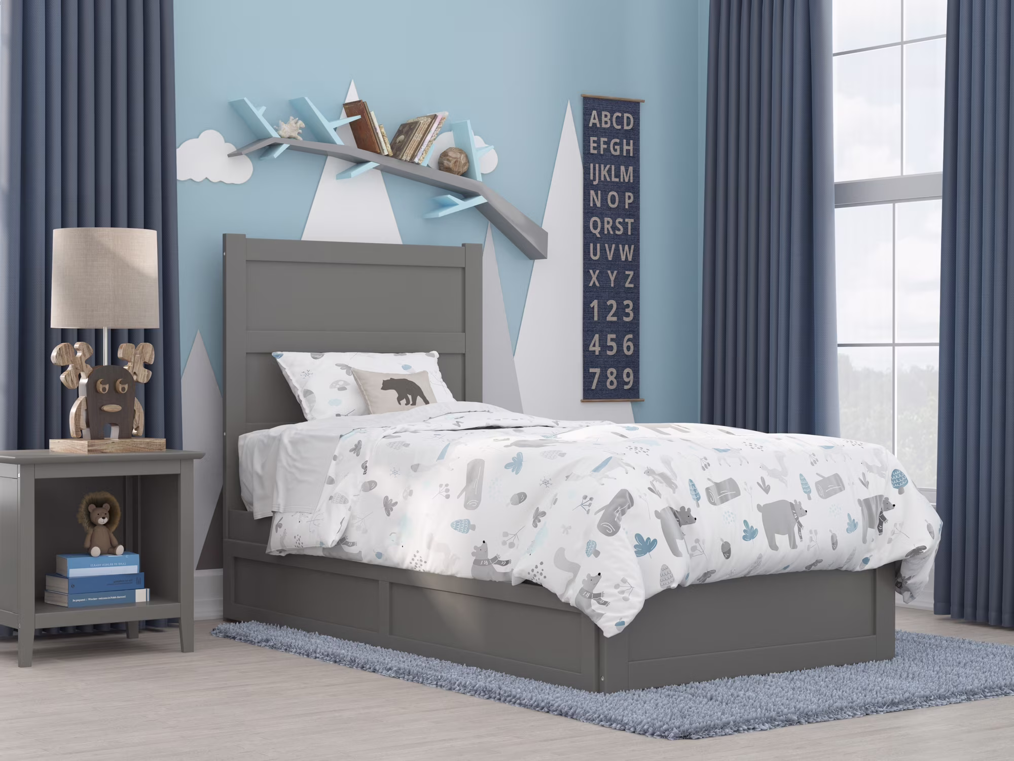 AFI NoHo Twin Wood Platform Bed with Headboard Footboard & Twin Trundle, Grey