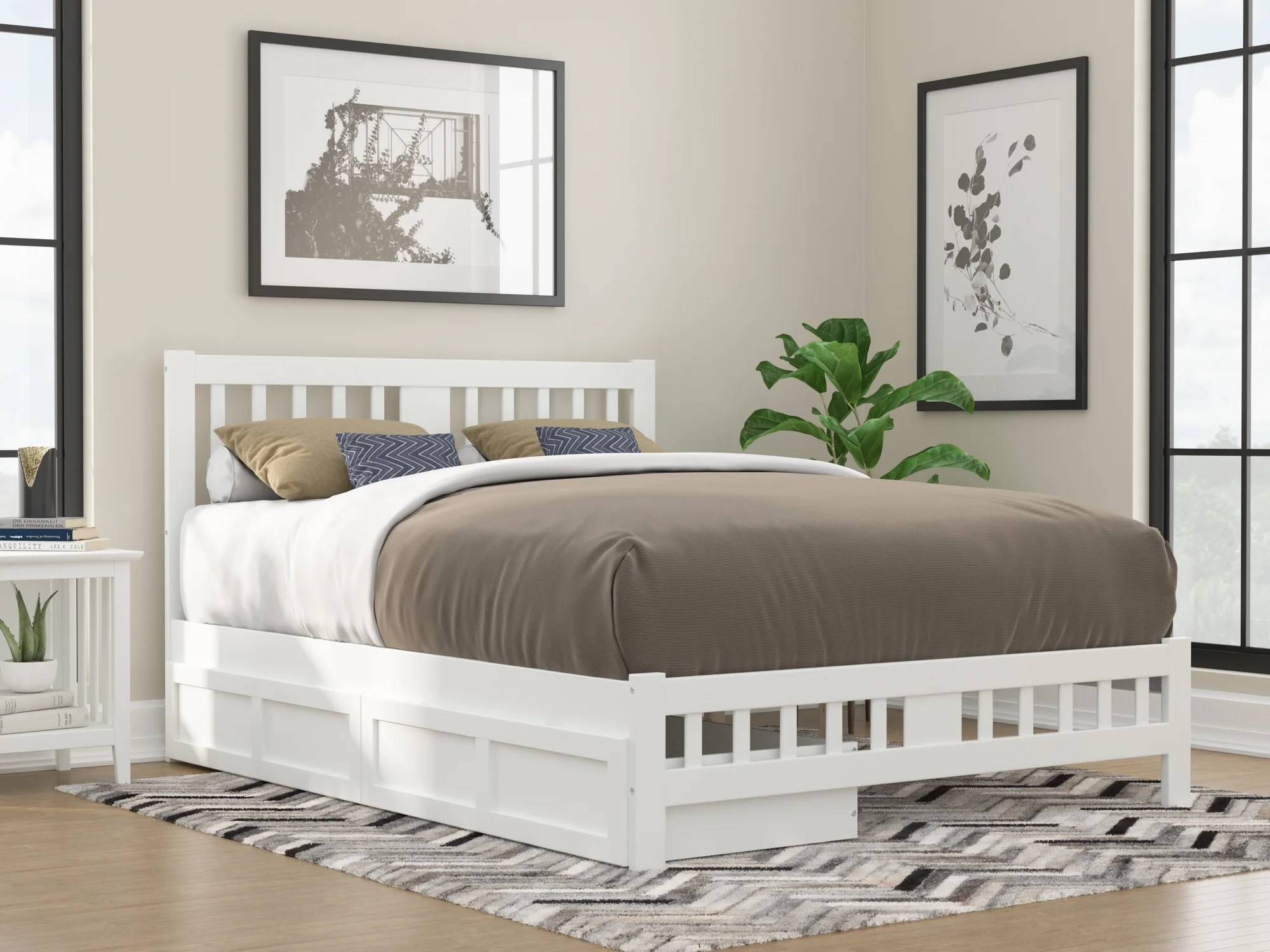 AFI Tahoe Queen Wood Platform Bed with Headboard Footboard & 2 Storage Drawers, White