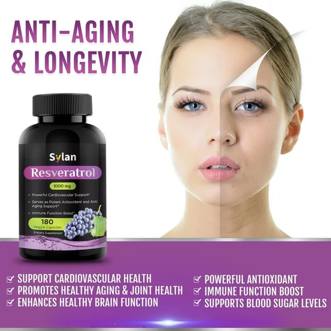 Sylan Trans Resveratrol Supplement Antioxidant 1000mg Anti-Aging Supplements 180 Capsules
