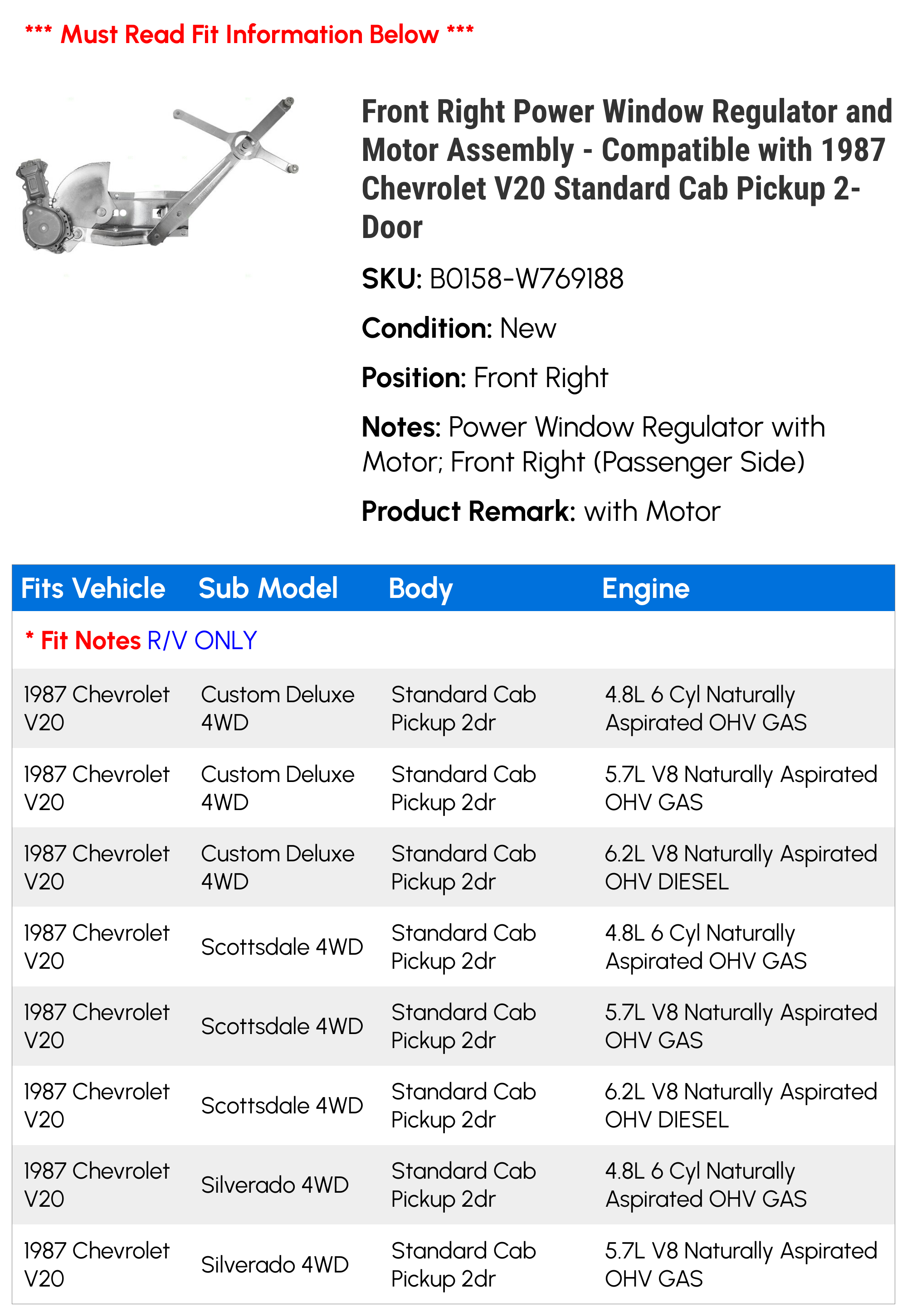 Front Right Power Window Regulator and Motor Assembly - Compatible with 1987 Chevy V20 Standard Cab Pickup 2-Door