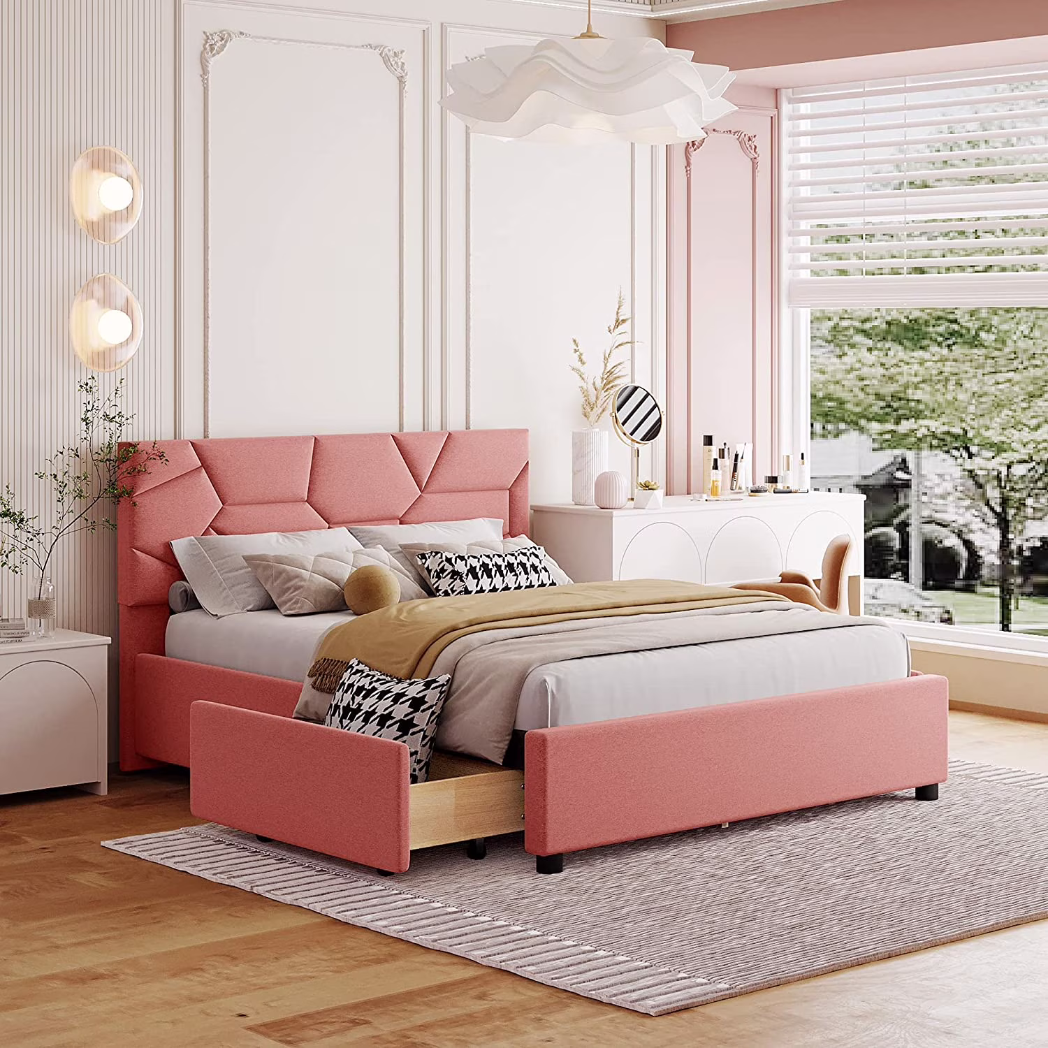 AngLink Full Size Upholstered Platform Bed with Storage, Full Bed Frame with 4 Drawers and Brick Pattern Heardboard for Teens Adults, Linen Fabric, No Box Spring Needed, Pink