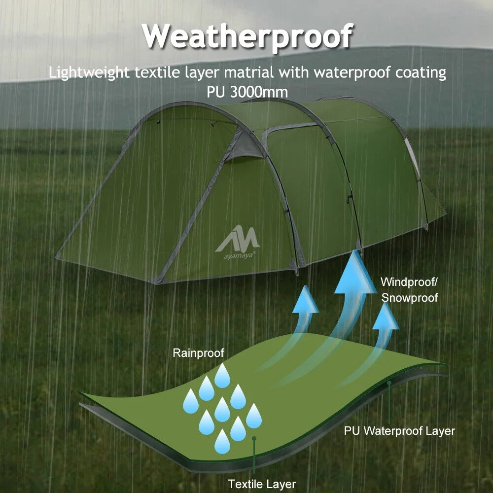 HOMEYA 3-4 Person Dome Camping Tent With Vestibule, 2 Room, Double Layer, Family Tunnel Tent, Green