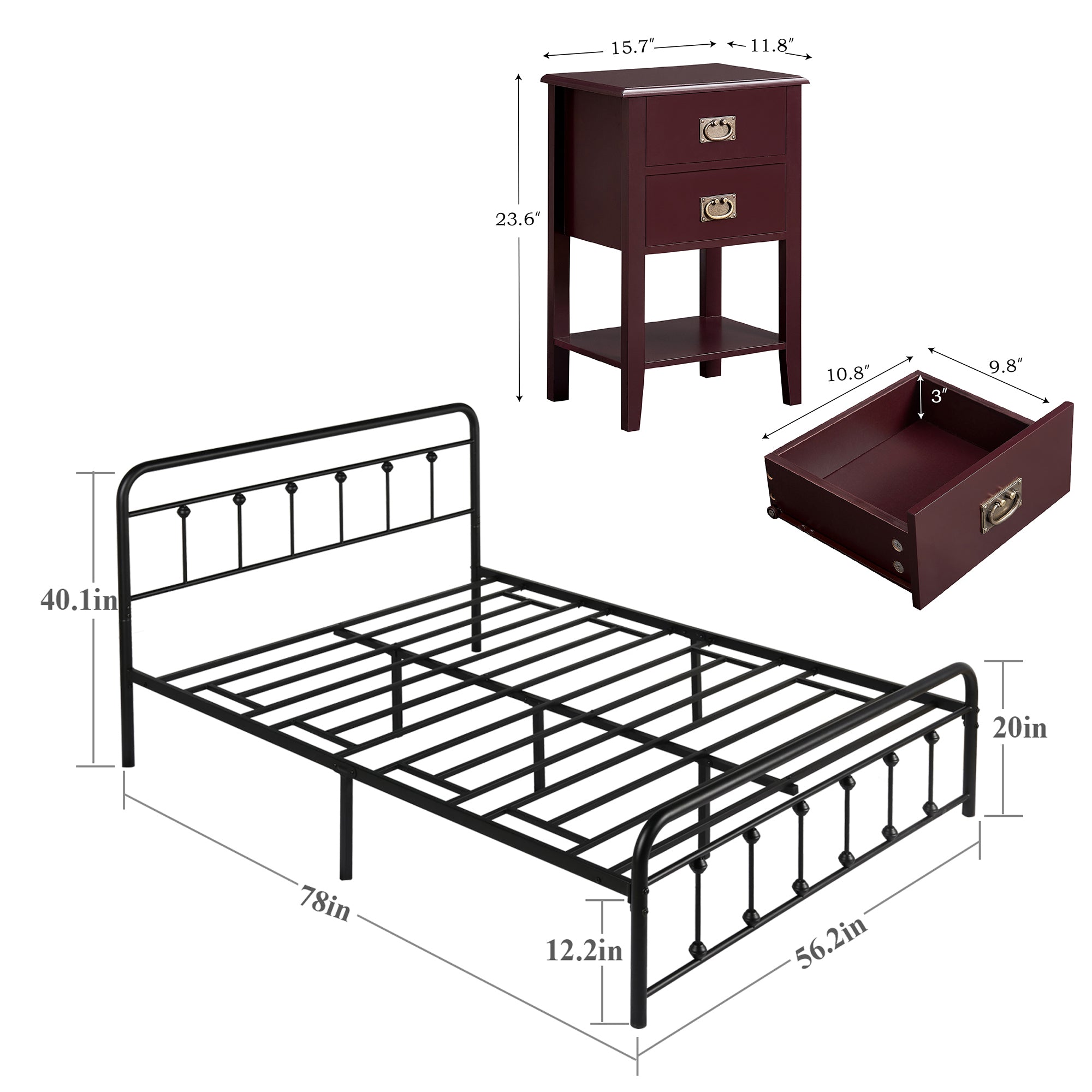 VECELO 3-Piece Bedroom Set with Full Metal Bed Frame and 2 Red-brown Nightstands (Set of 3)