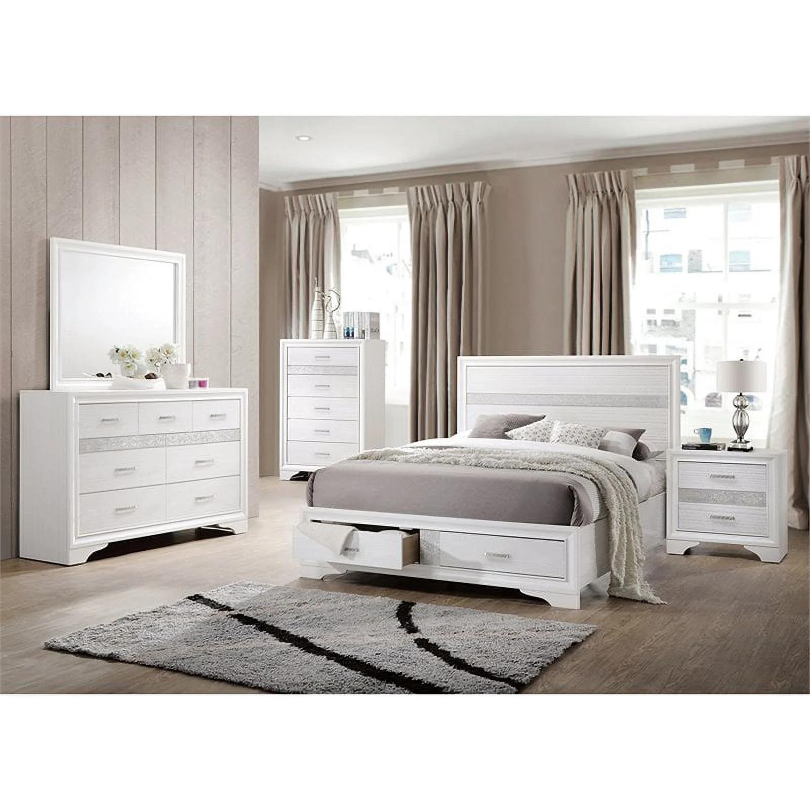 Bowery Hill King Storage Panel Bed in White and Rhinestone