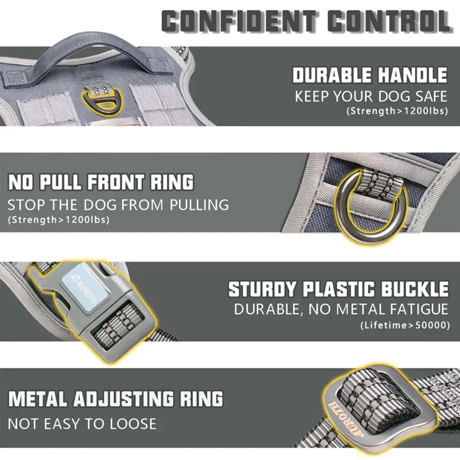 Auroth Tactical Dog Harness Adjustable Metal Buckles Dog Vest with Handle, No Pulling Front Leash Clip - Gray