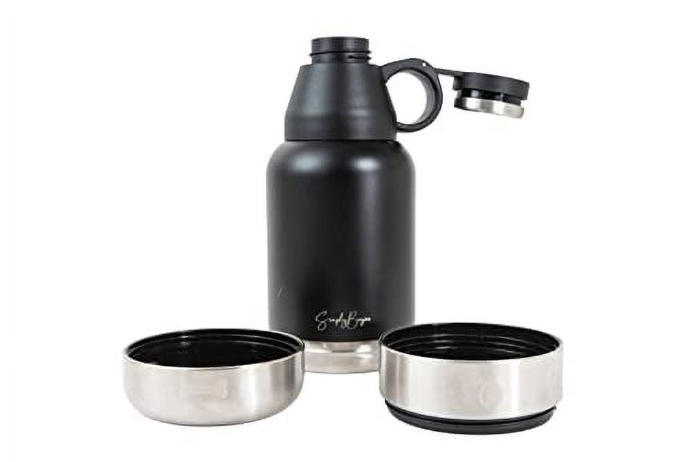 32 OZ (1L) Stainless Steel Pet and Person Travel Bottle (Black with Silver Color) Wide Mouth Water Bottle, Person and Dog Travel Bottle with 2 Detachable Bowls, Hiking, Walking, Pet Travel Must Have