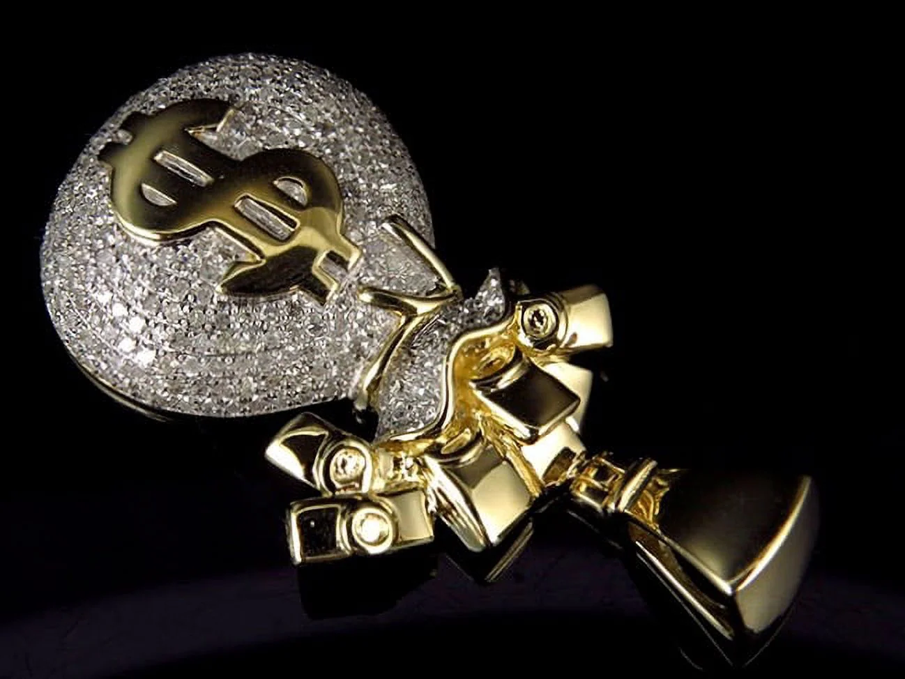 10K Yellow Gold Genuine Diamond Money Bag 1.5 Inch Charm Pendant (1.75ct)