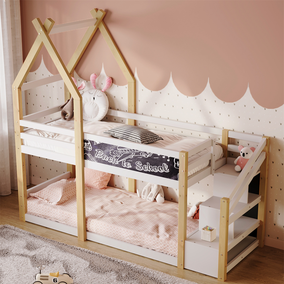 Twin Loft Bed with Stairs, Wooden House Loft Bed Twin Size with Step Storage Stairway Playhouse Bed for Kids, Toddlers, Girls & Boys, No Box Spring Needed