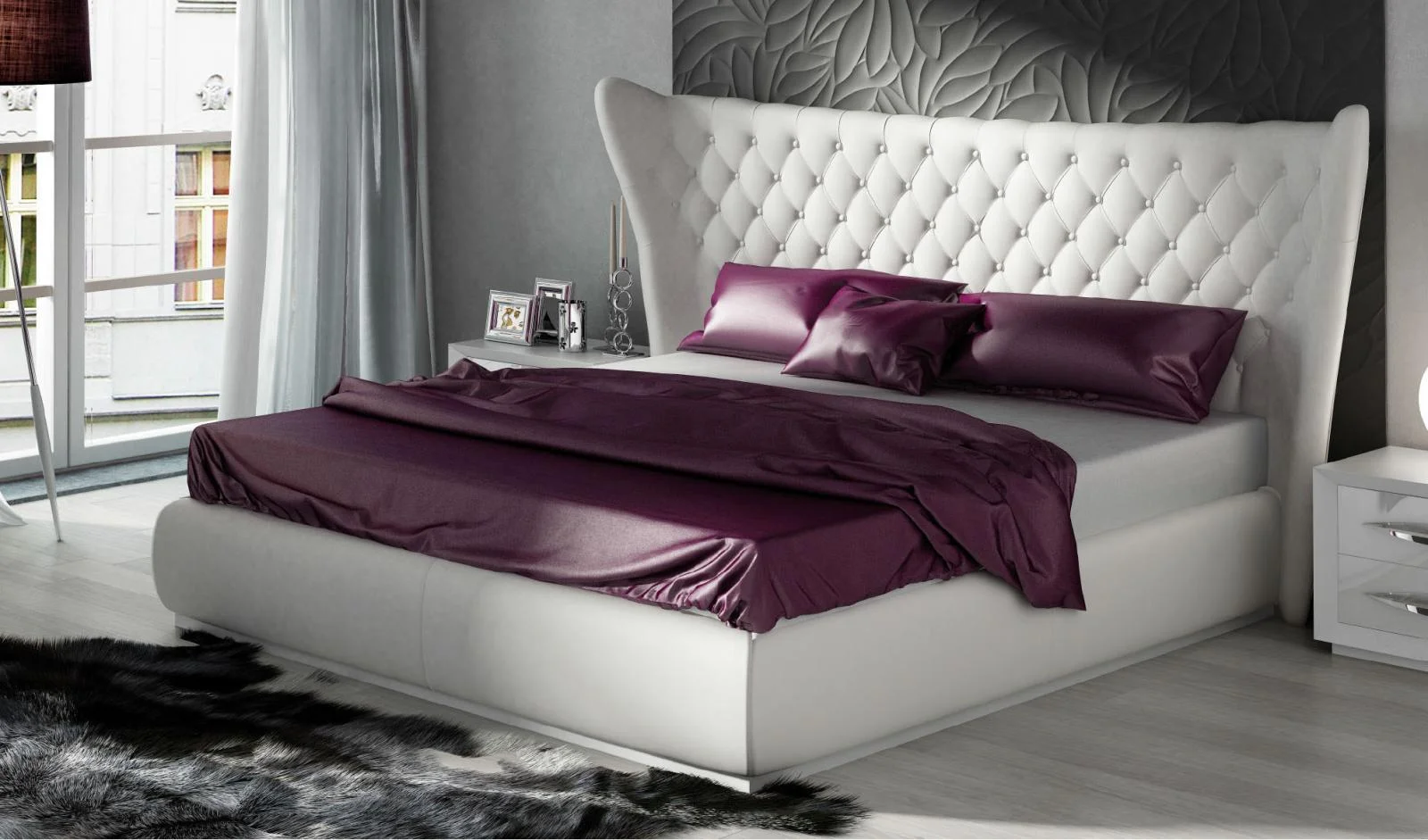 Queen Bed Eco-Leather Modern Contemporary Made in Spain ESF Miami Carmen White