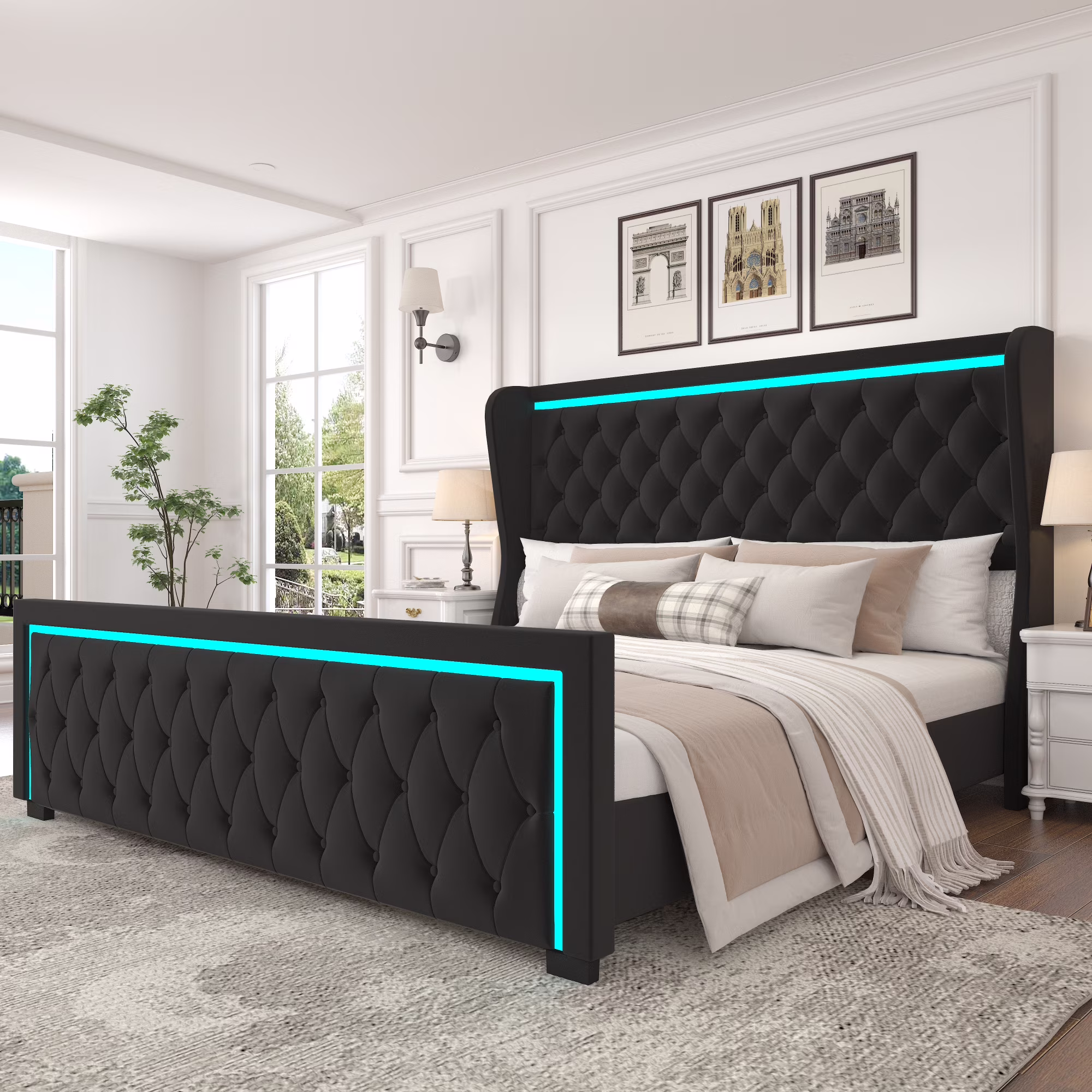 Black King Platform Bed Frame with High Headboard, Velvet Upholstery, Deep Tufted Buttons, Adjustable LED Light Decorative Headboard, and Wide Wingbacks