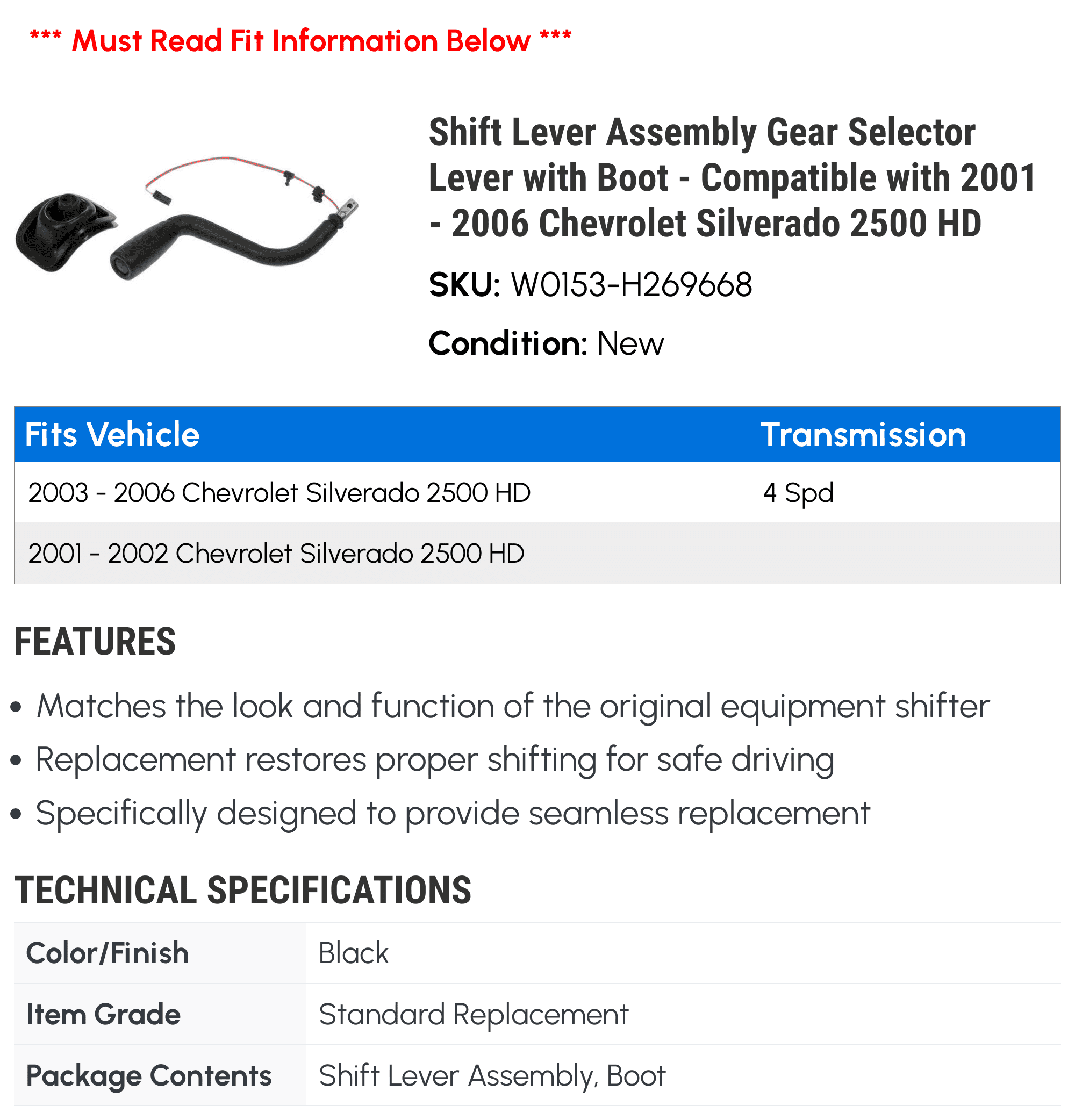 Shift Lever Assembly Gear Selector Lever with Boot - Compatible with 2001 - 2006 Chevy Silverado 2500 HD 2002 2003 2004 2005
