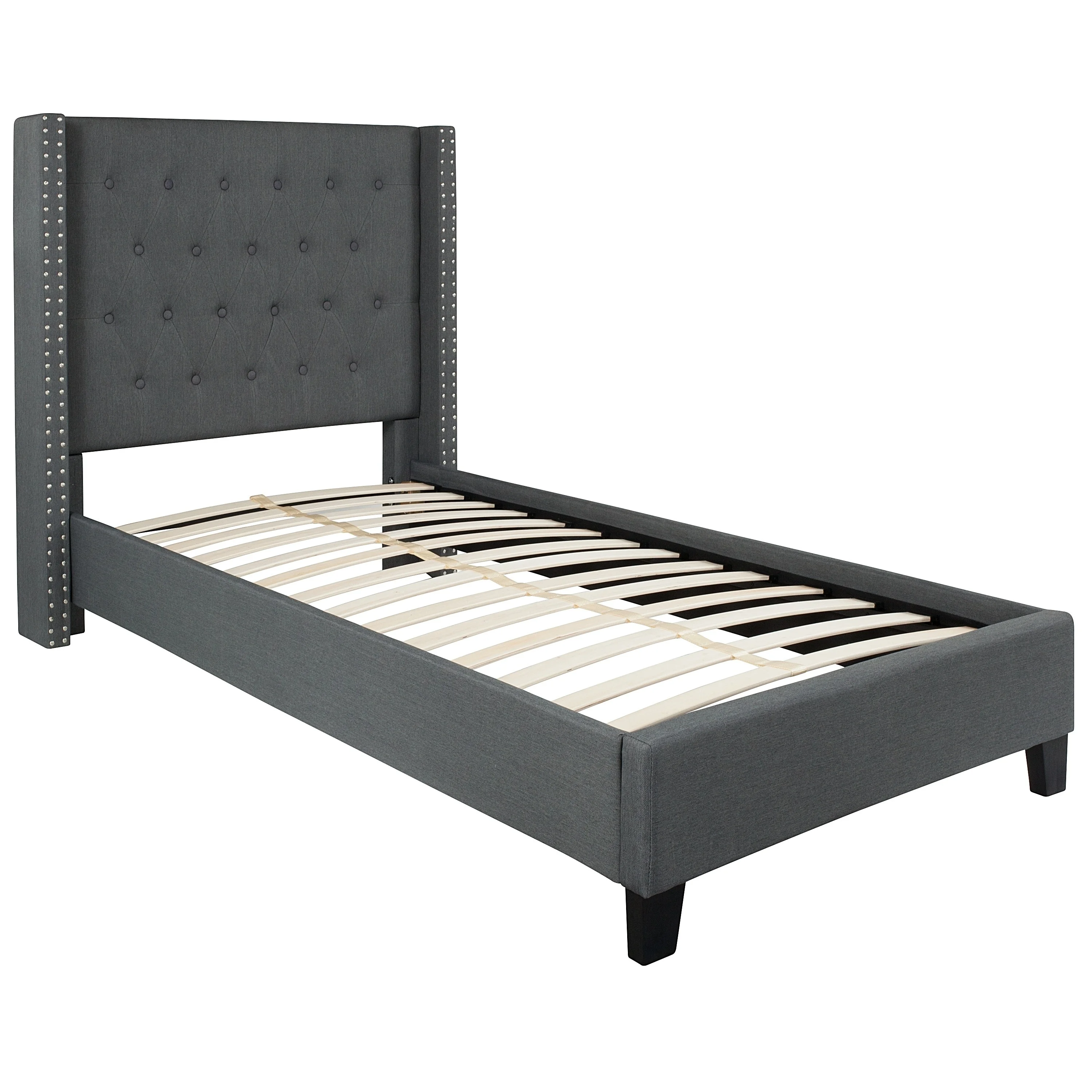 BSD National Supplies Conway Twin Size Dark Grey Wingback Button Tufted Platform Bed with Nailhead Trim
