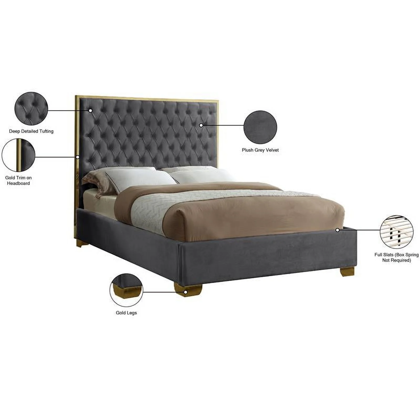 Meridian Furniture Lana Solid Wood and Velvet Full Bed in Gray