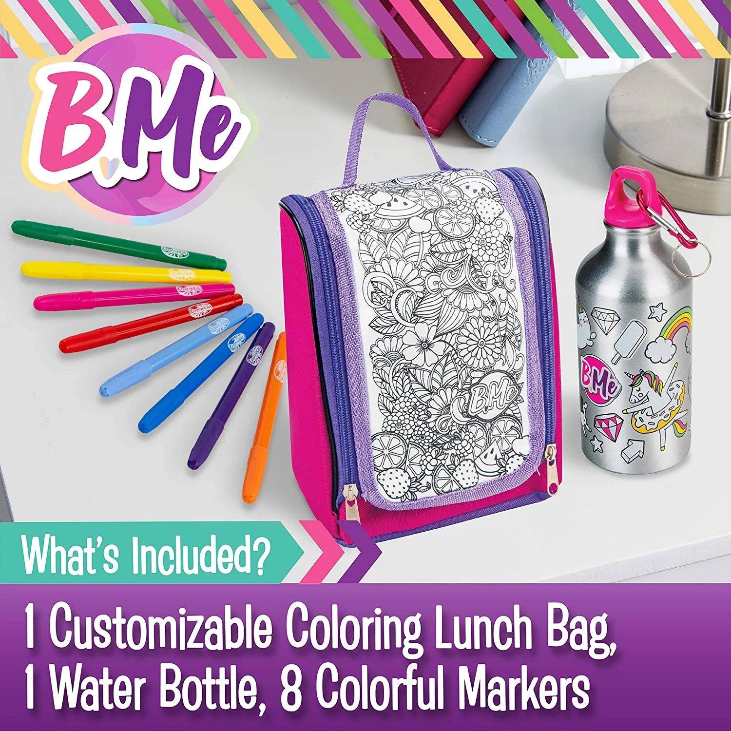 B Me DIY Snack Pack – Color-Your-Own Lunch Bag & Water Bottle Kit for Girls – BPA-Free Thermos, Insulated Lunch Box & 8 Magic Markers – Birthday Gift for Kids Age 6+