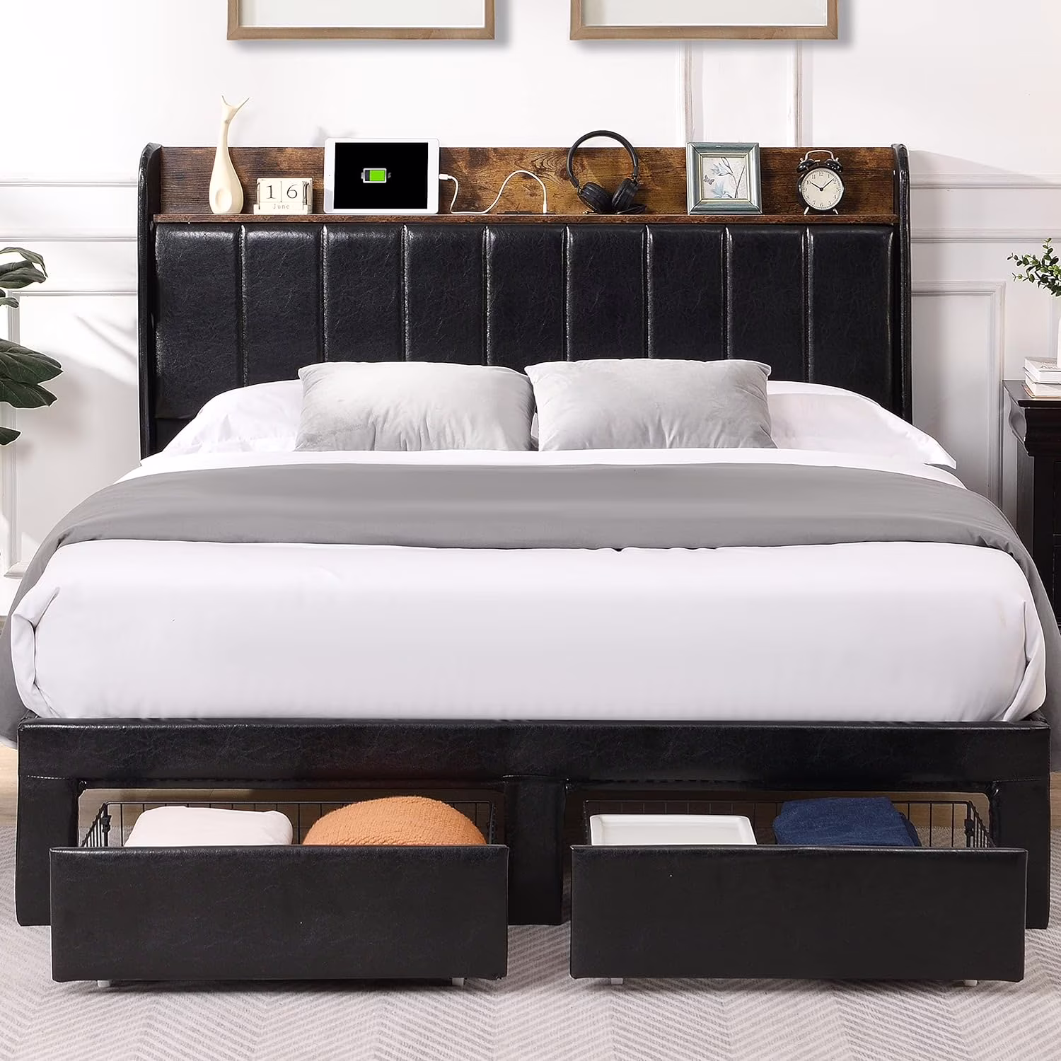 Upholstered Bed Frame King Size with Headboard, Platform King Bed Frame with Storage Drawers & Charging Station, No Box Spring Needed/Noise Free/Heavy Duty/Black