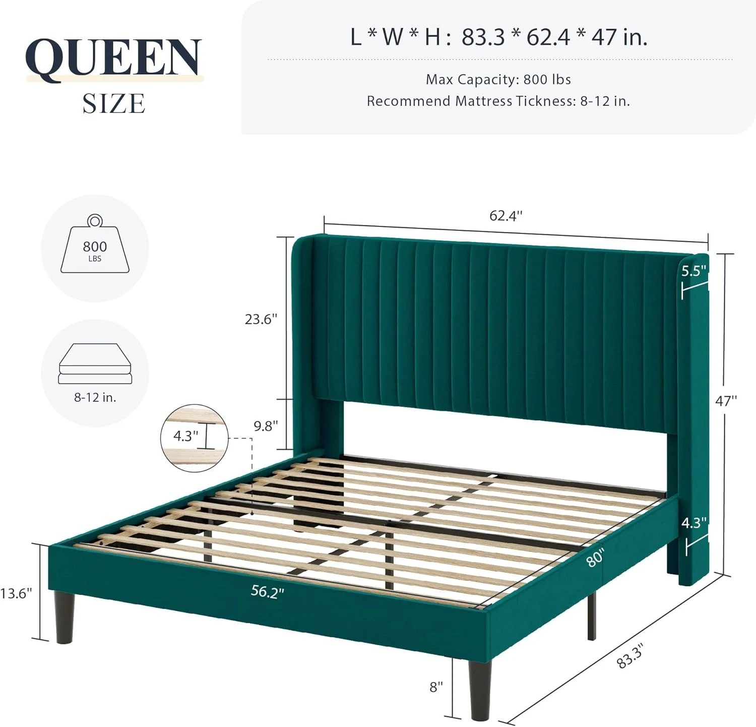 OUWI Queen Size Bed Frame/Velvet Upholstered Platform Bed/Vertical Channel Tufted Wingback Headboard/Strong Wooden Slats/No Box Spring Needed/Easy Assembly/Teal