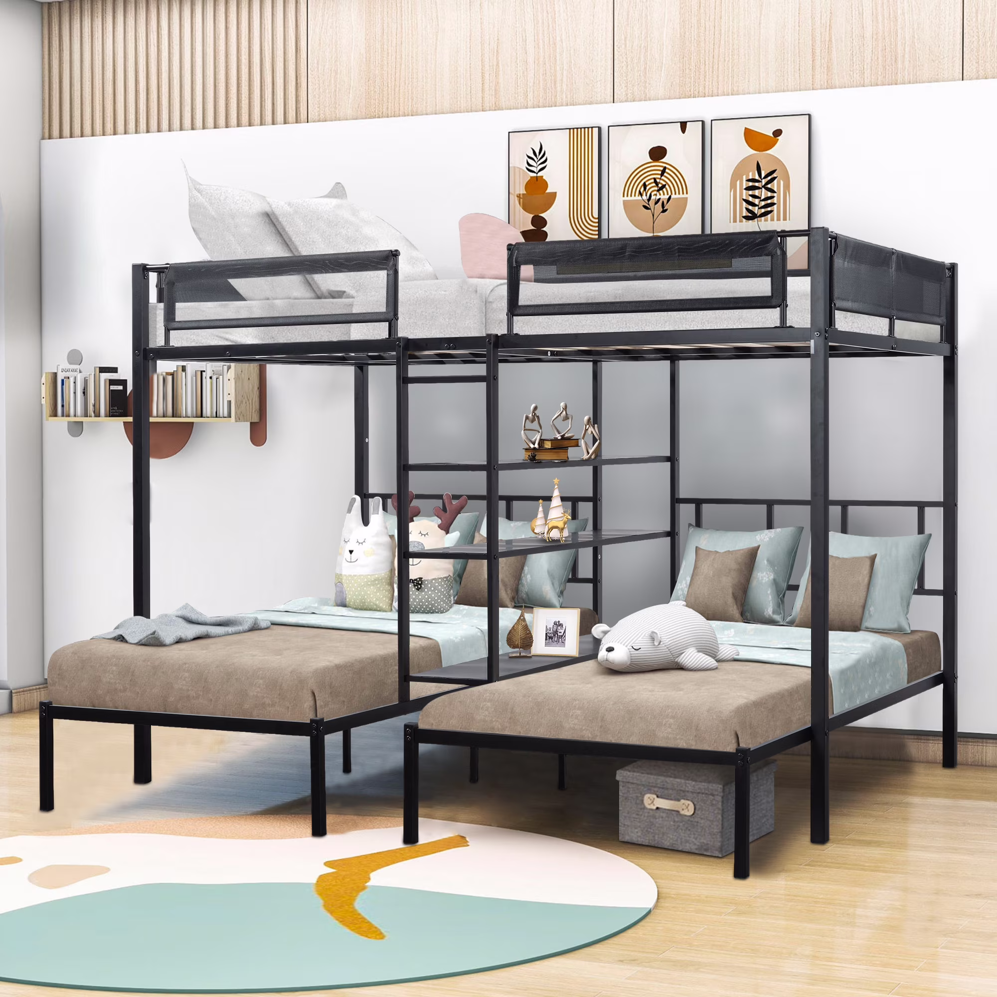 iRerts Triple Bunk Beds for Kids Adults, Metal Full over Twin over Twin Bunk Bed with Built-in Shelf, Triple Bunk Bed Frame with Headboard and Safety Guardrail, 3 in 1 Bunk Bed for Bedroom, Black