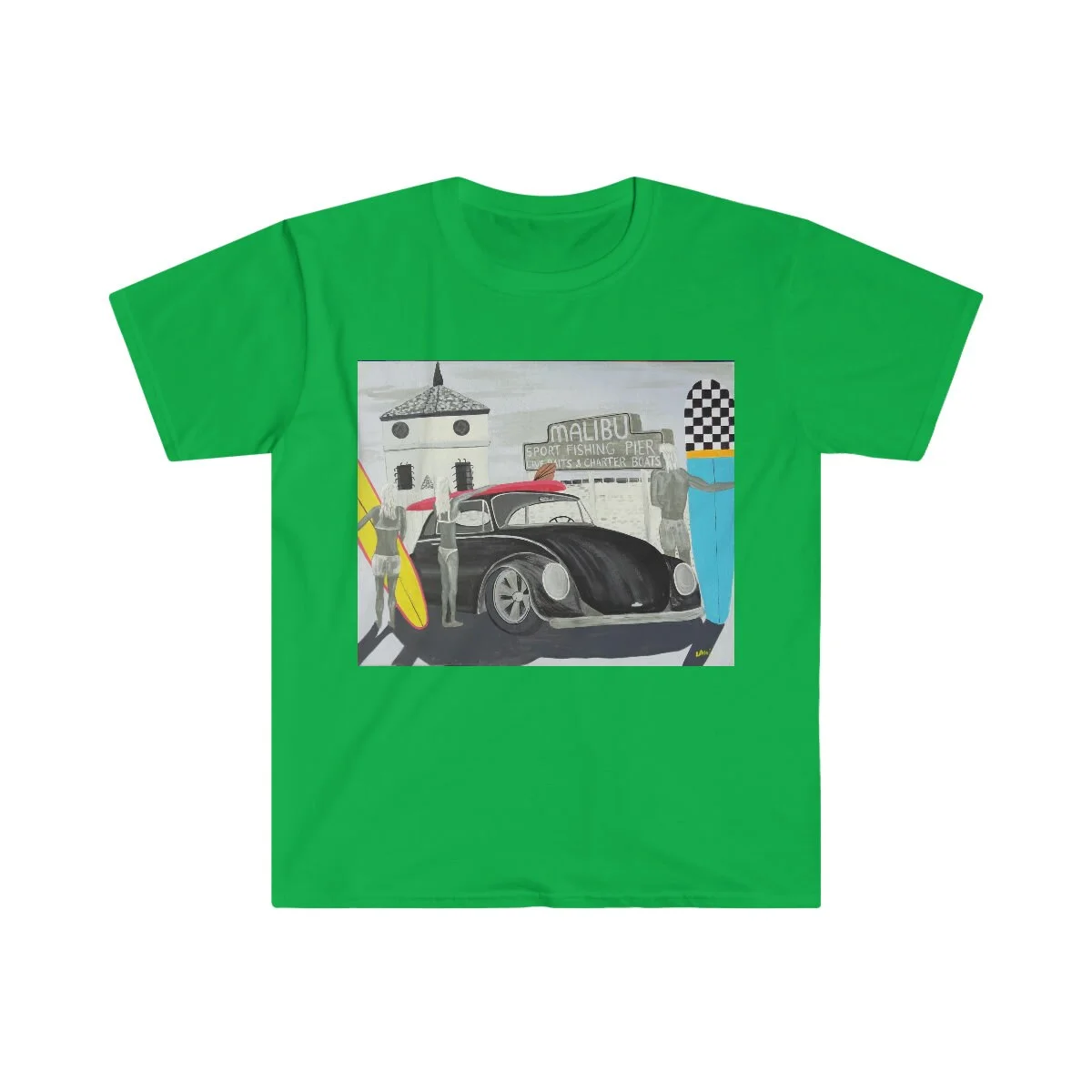 VW Bug at malibu pier Unisex Softstyle T-Shirt
