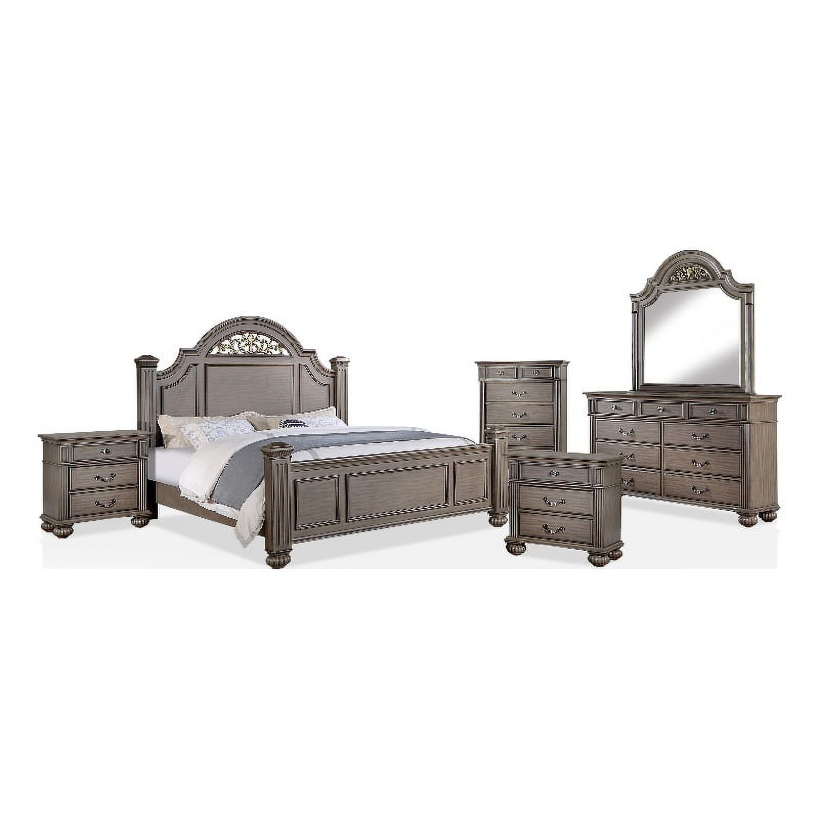 FOA Damos 6pc Gray Wood Bedroom Set-Cal King+2 Nightstands+Chest+Dresser+Mirror