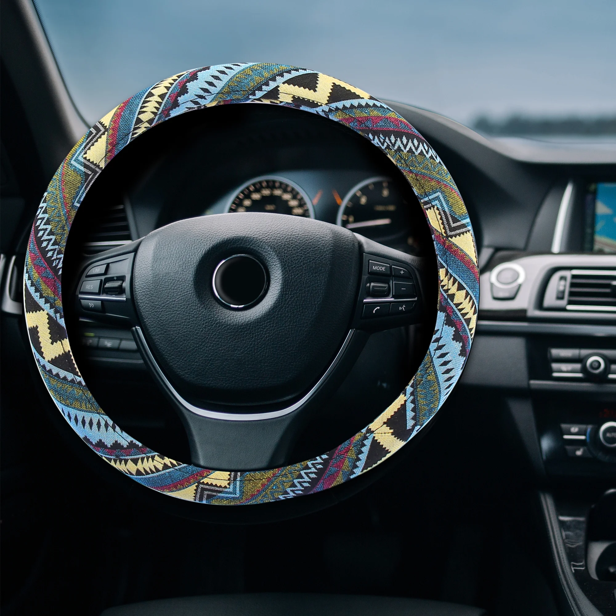 Unique Bargains Ethnic Style Linen Steering Wheel Cover for Cars Trucks SUV Multicolor Printing Pattern