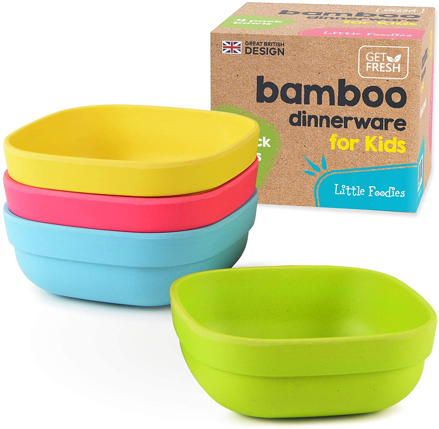 Bamboo Kids Bowls, 4 Pack Set, Stackable Bamboo Dinnerware for Kids, Bamboo Fiber Kids Bowls Set, Dishwasher Safe and Stackable