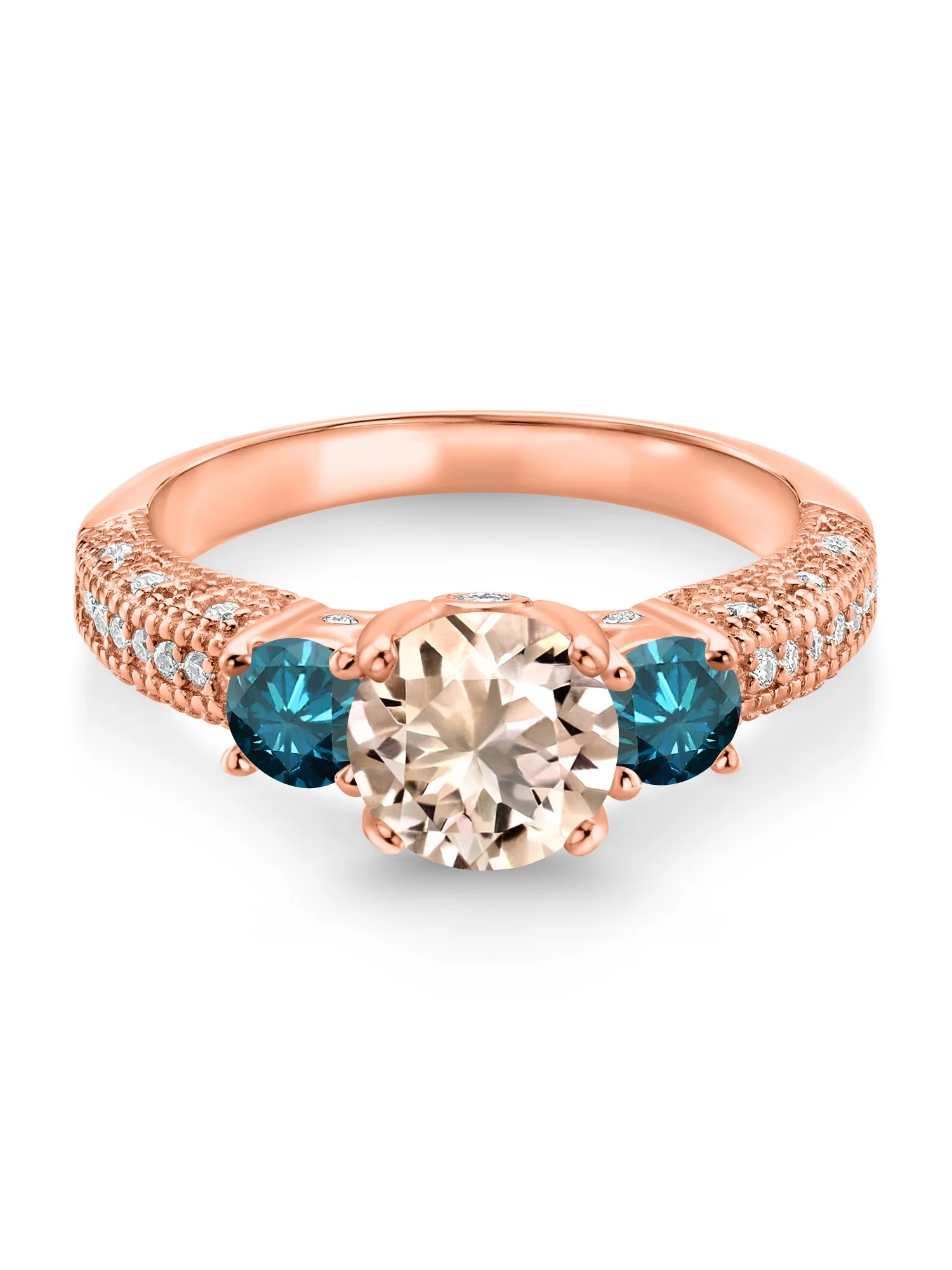 Gem Stone King 18K Rose Gold Plated Silver Peach Morganite Blue Diamond and White Moissanite Engagement Ring For Women (1.77 Cttw, Gemstone October Birthstone, Round 7MM and 4MM)