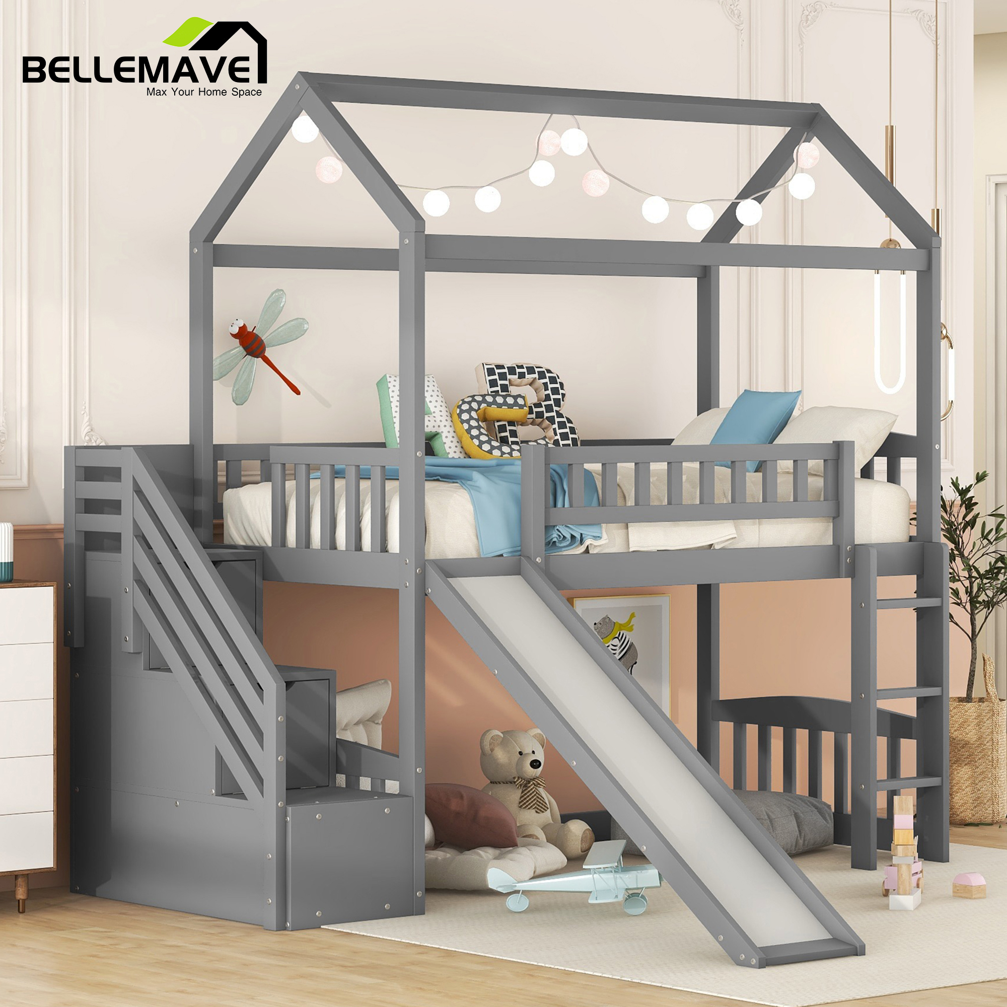House Loft Bed Twin Size, Twin Loft Bed with Slide, Wood Loft Bed with Storage Stairs, Ladder and Full-Length Guardrail, Kids House Bed/Kids Slide Bed(Gray)