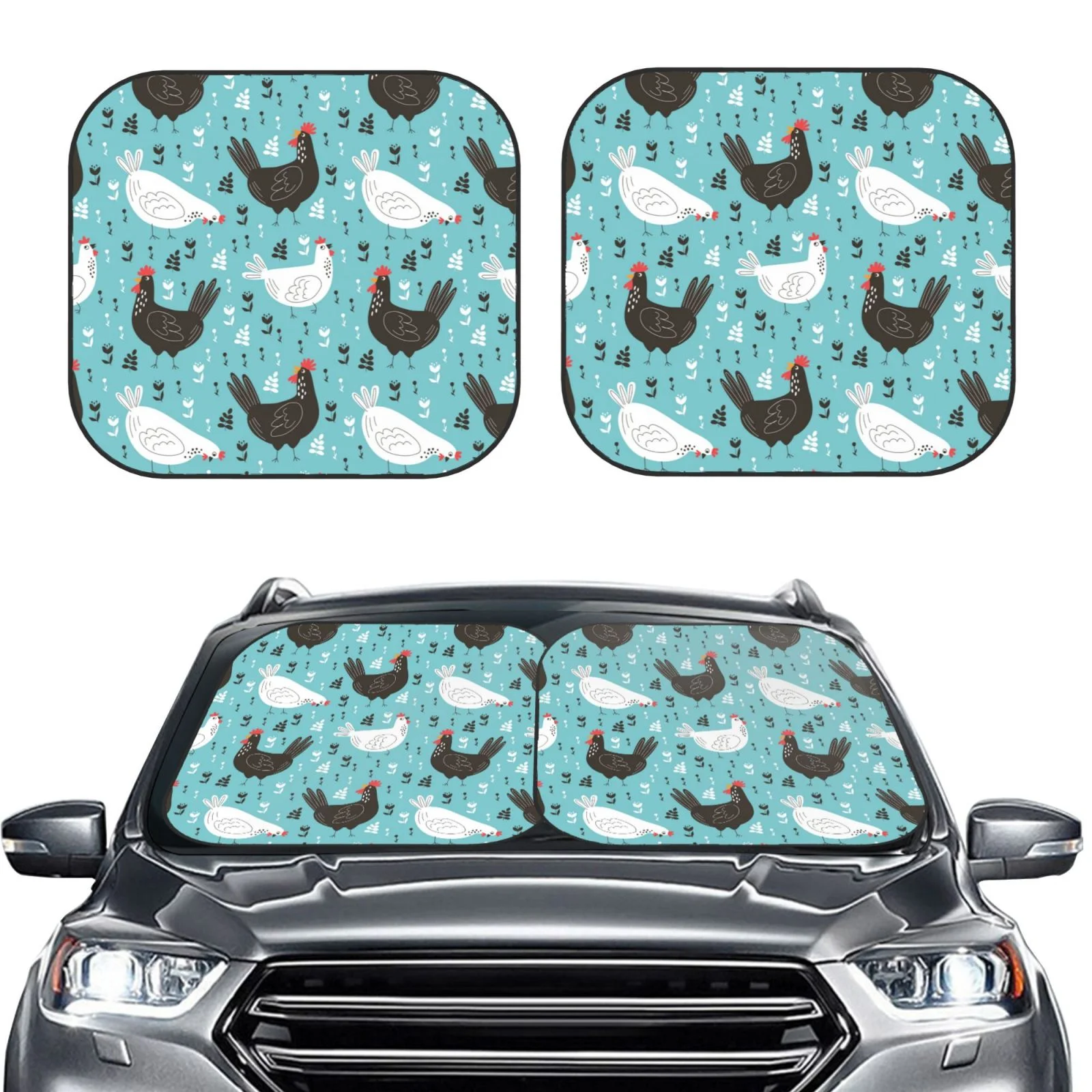 Lukts Lovely Roosters Print 2 Piece Car Sun Shade Windshield,Foldable Car Shade Front Windshield With Keeps Your Vehicle Cool, For Most Sedans Suv And Trucks - Small