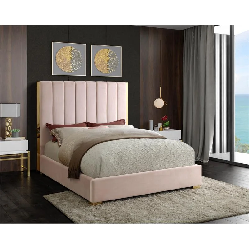 Meridian Furniture Becca Metal and Velvet Queen Bed in Pink