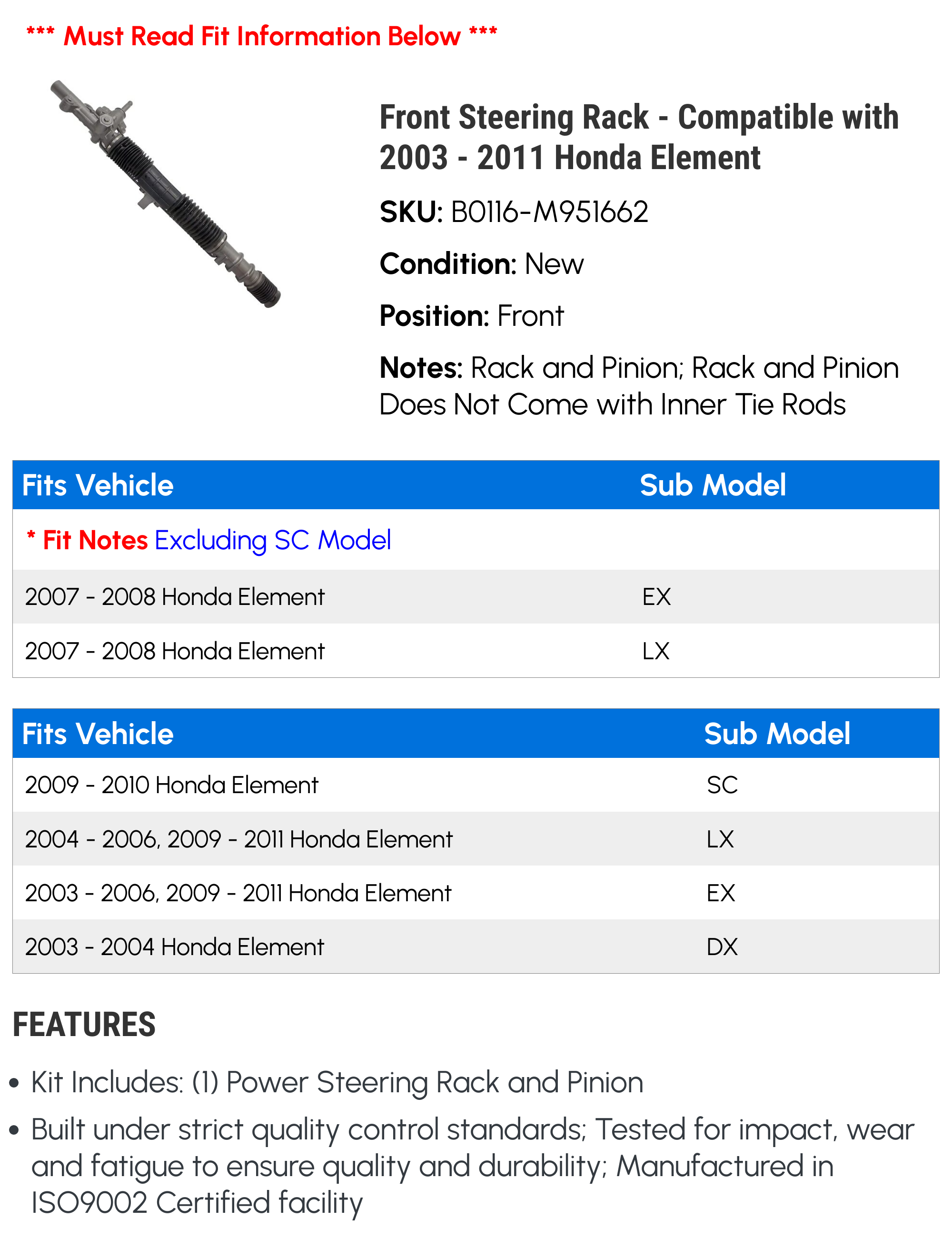 Front Steering Rack - Compatible with 2003 - 2011 Honda Element 2004 2005 2006 2007 2008 2009 2010