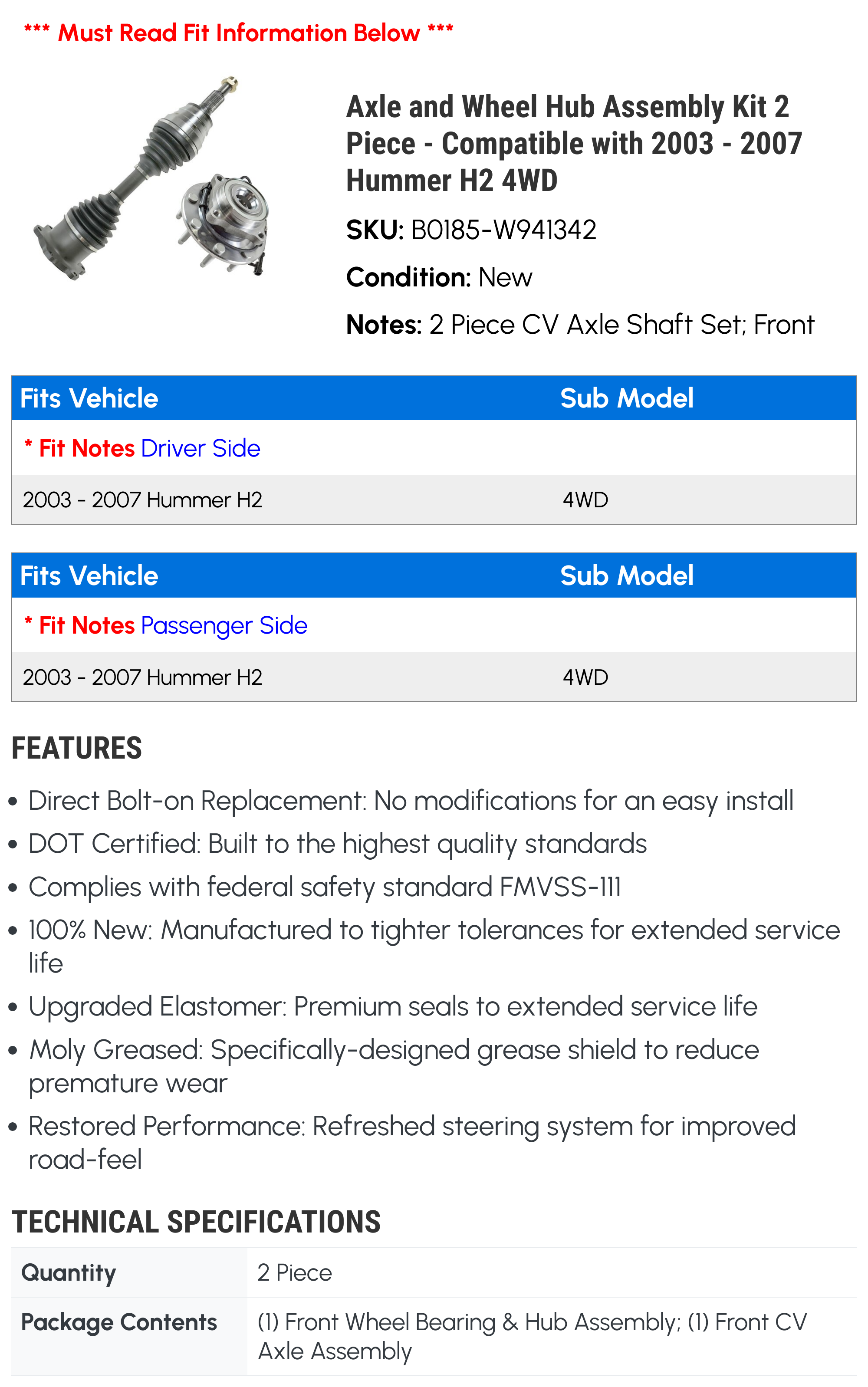 Axle and Wheel Hub Assembly Kit 2 Piece - Compatible with 2003 - 2007 Hummer H2 4WD 2004 2005 2006