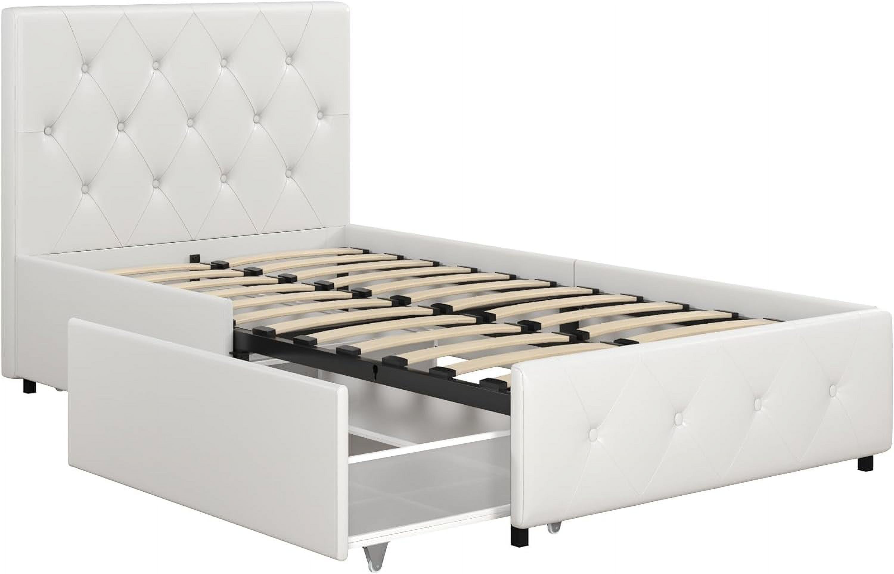 LIHONG Upholstered Platform Bed with Underbed Storage Drawers and Diamond Button Tufted Headboard and Footboard, No Box Spring Needed, Twin, White Faux Leather