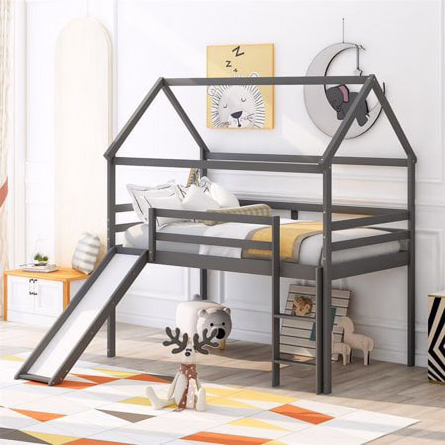 CHURANTY Twin Size Loft Bed with Slide, Wood House Loft Bed Frame , Twin Size Playhouse Loft Bed for Kids Boys Girls, Gray
