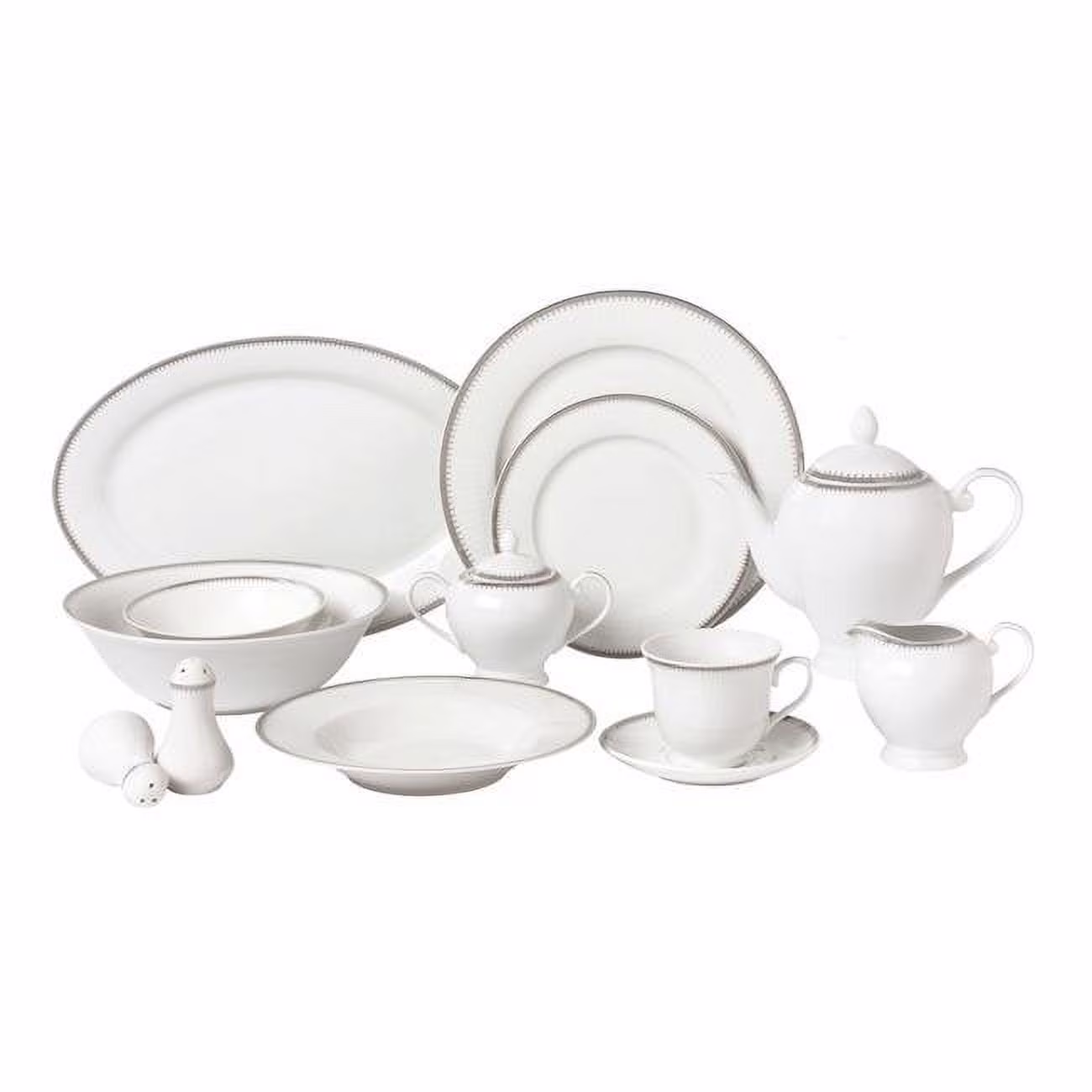 57 Piece Border Porcelain Dinnerware Set, Silver - Service for 8 Alyssa