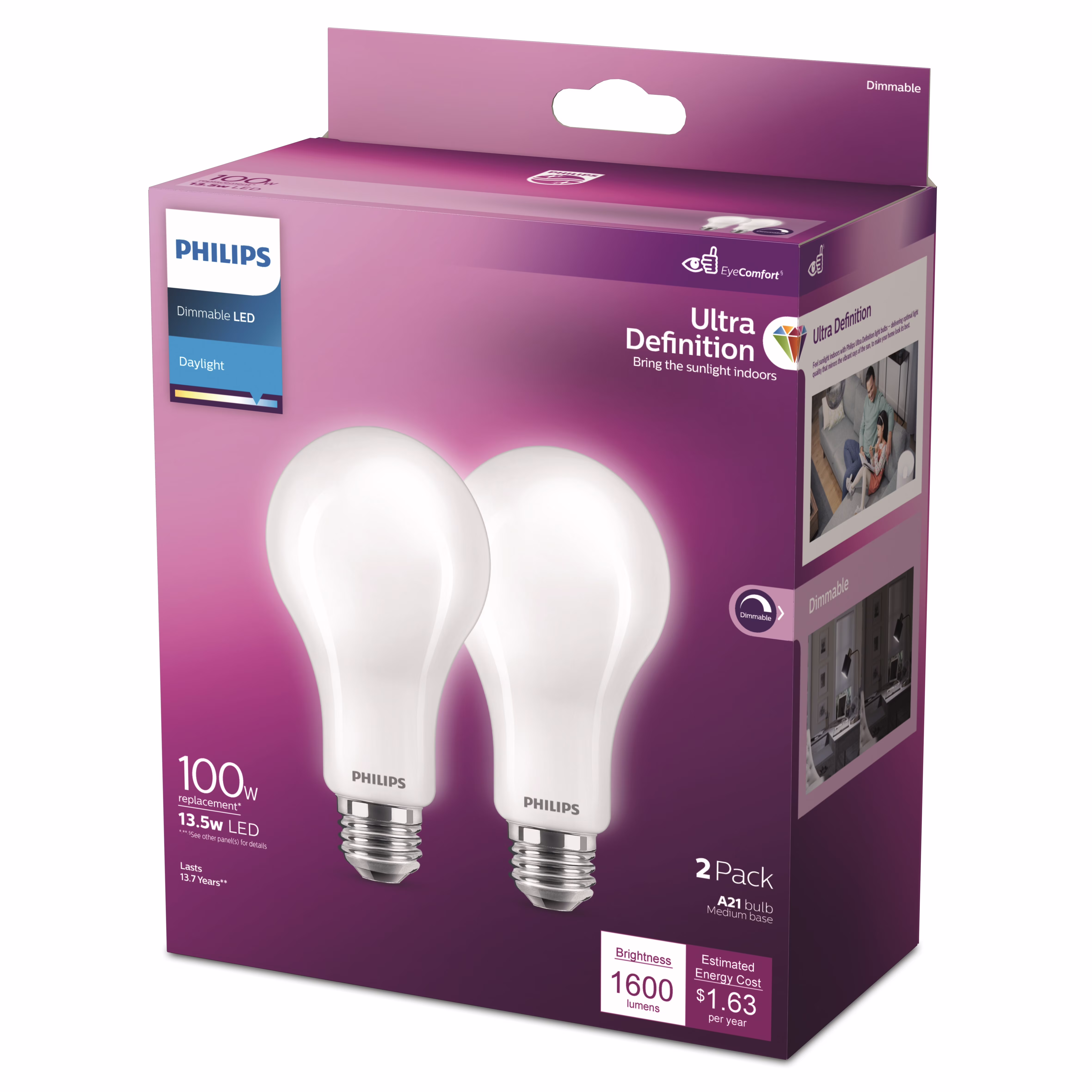 Philips Ultra Definition LED 100-Watt A21 Light Bulb, Frosted Daylight, Dimmable, E26 Medium Base (2-Pack)