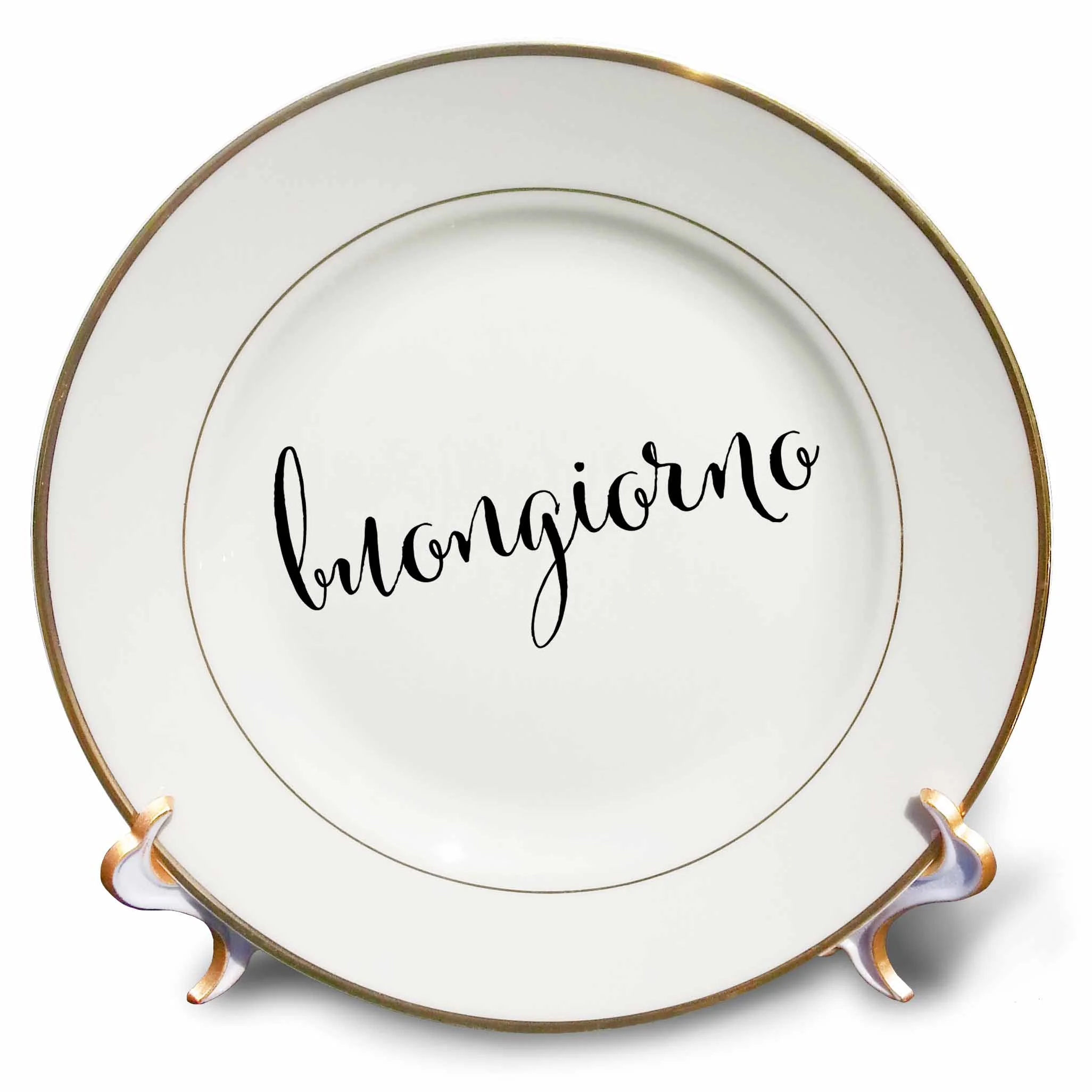 3dRose good morning in italian buongiorno in black and white script - Porcelain Plate, 8-inch