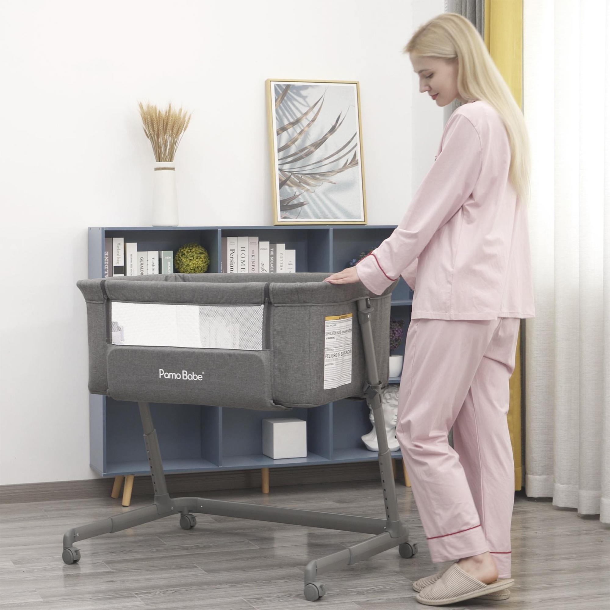 Pamo Babe Unisex Infant Bedside Sleeper Bassinet with Wheels and Folding Frame for Newborn (Grey)