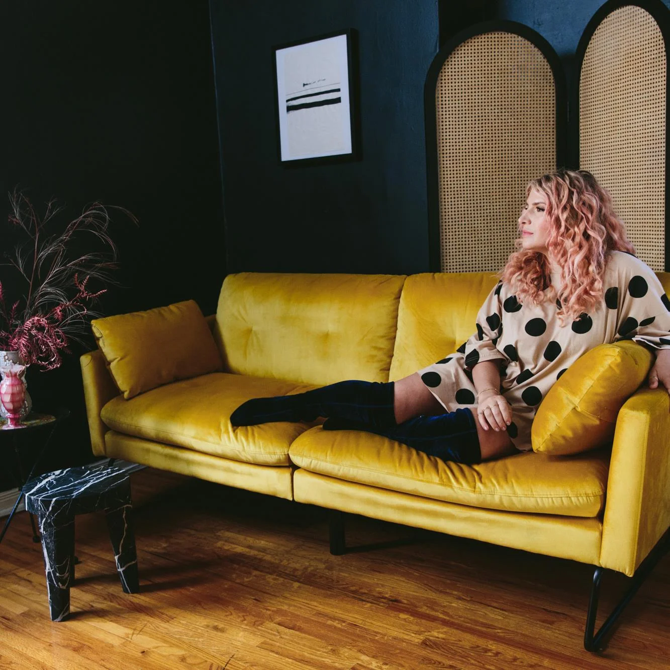 Mr. Kate Neely Futon with Bolster Pillows, Mustard Velvet