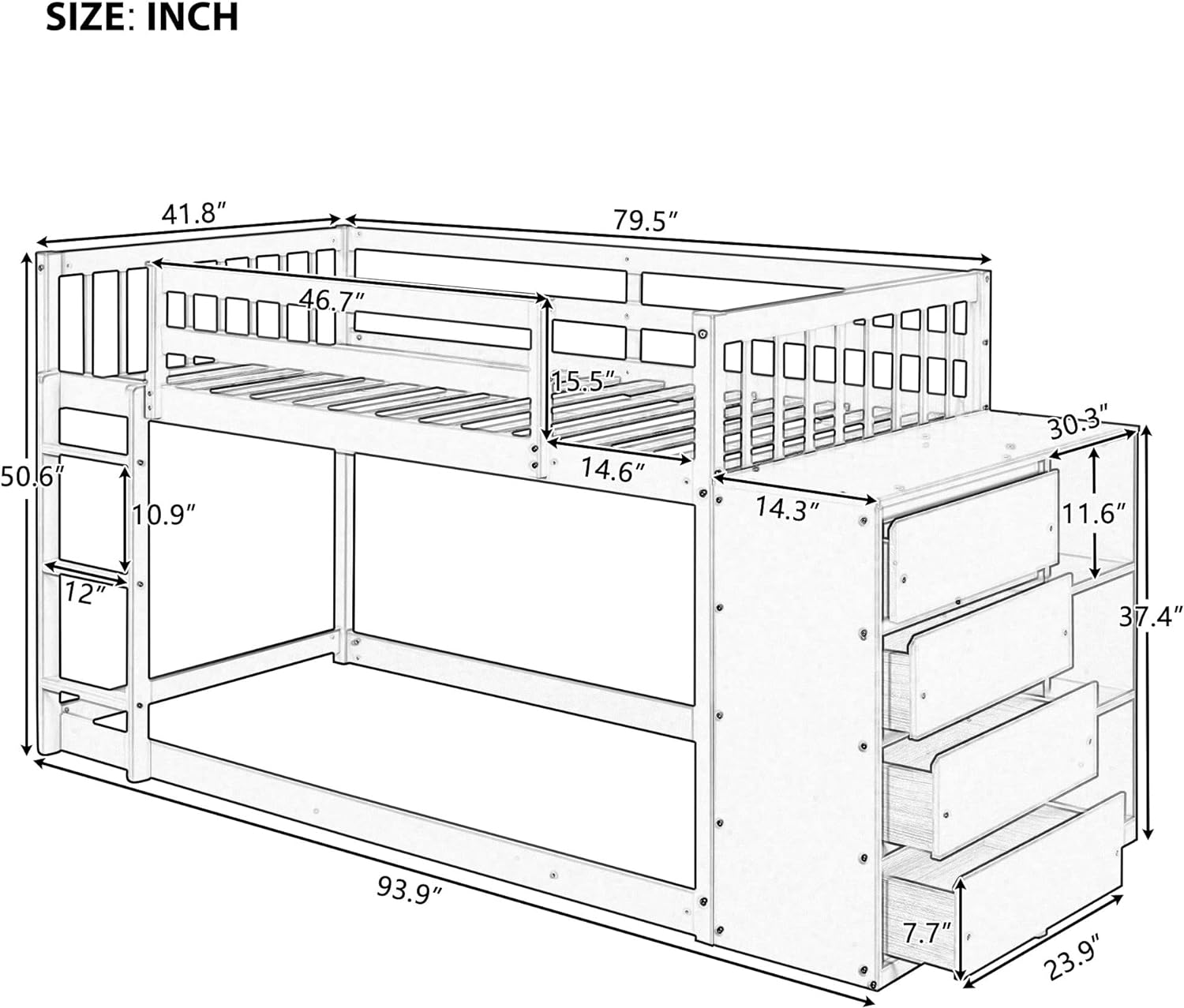 Bunk Bed Over With Storage, Wood Floor Bunk Beds With 4 Drawers And 3 Shelves For Kids, Low Multi Storage Bunk Beds Frame For Kids, Teens, Adults (Espresso)