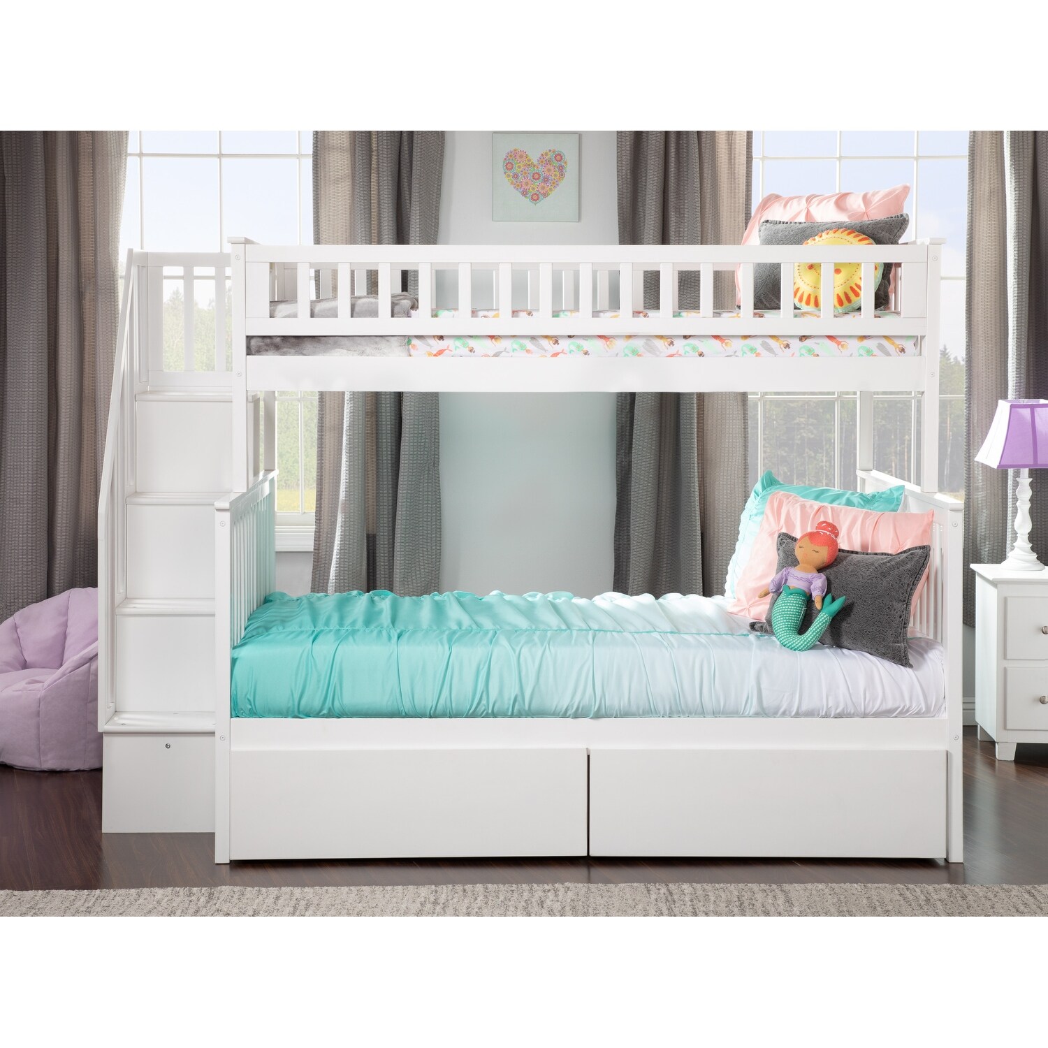AFI Woodland Staircase Bunk Bed Twin over Full with 2 Drawers in White