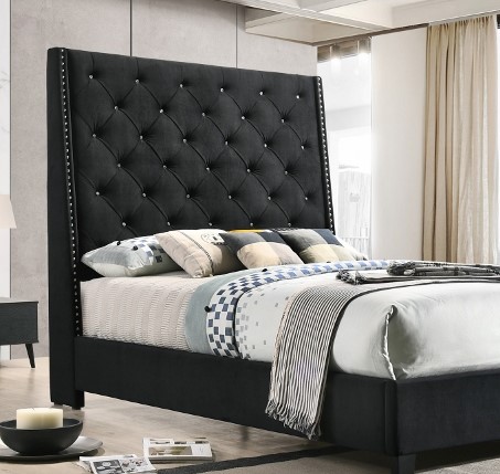 1Pc Black Color Elegant Contemporary Upholstered Queen Bed Button Tufted Headboard Demi-Wings Bedroom Furniture