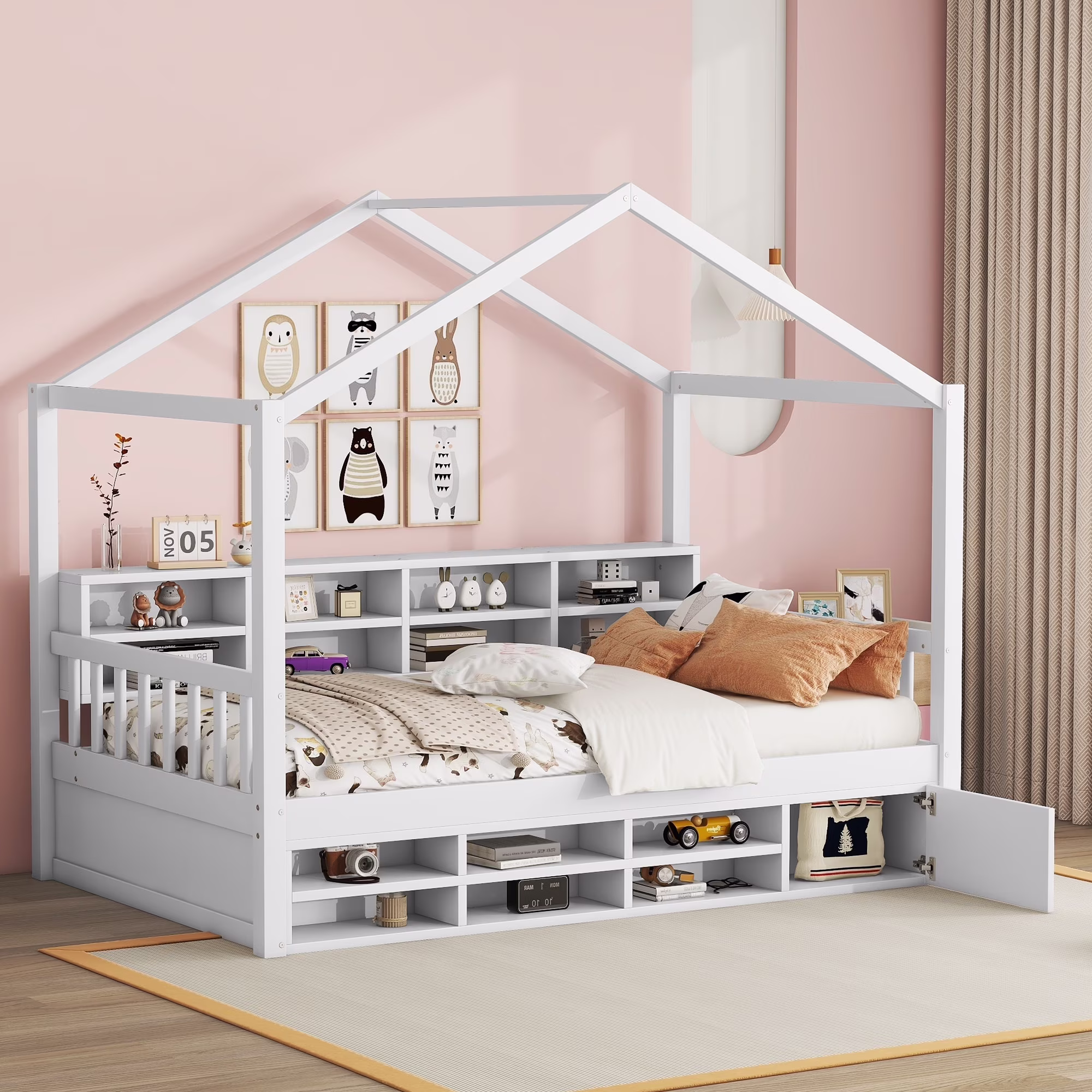 Churanty Wooden Twin Size House Platform Bed Frame with Shelves and a Mini-Cabinet, House Bed Twin Size Montessori Bed Frame for Kids, White
