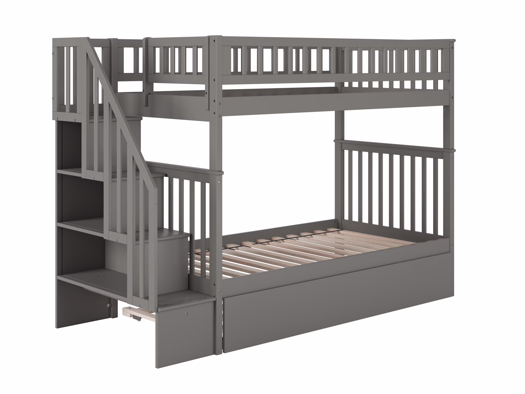 Woodland Staircase Bunk Bed Twin over Twin with Twin Size Urban Trundle Bed in Grey