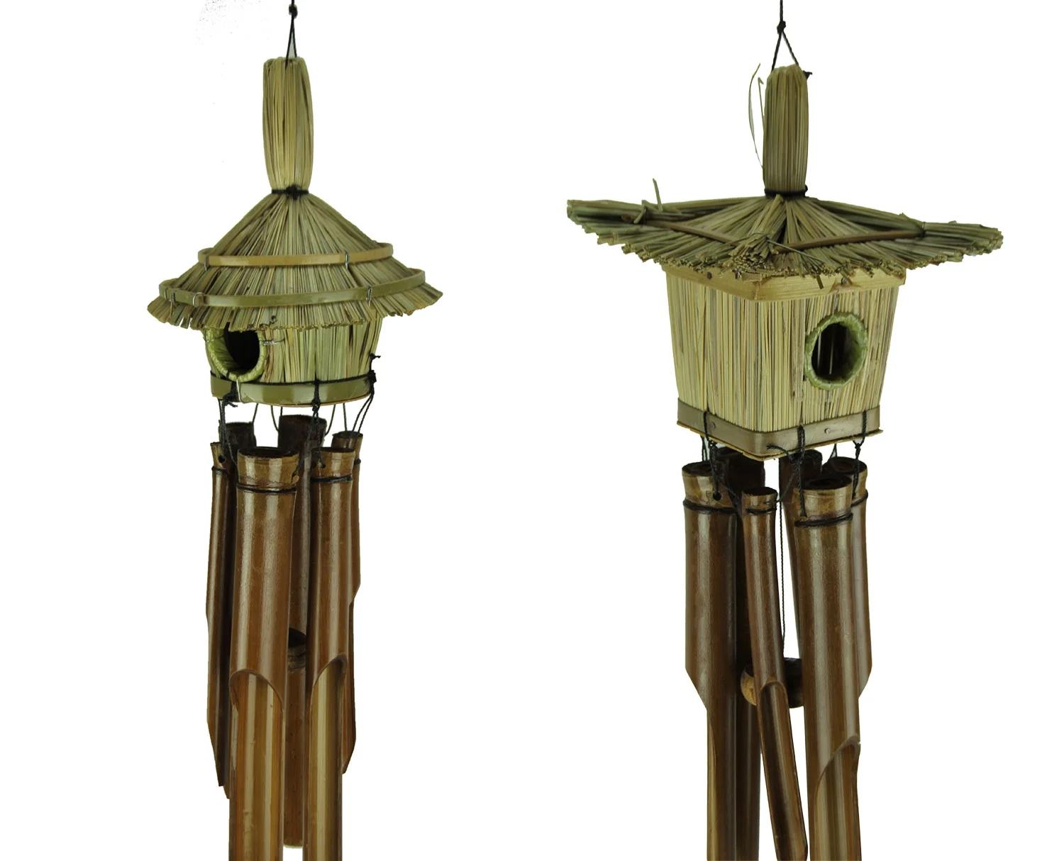 Chesapeake Bay Tropical Tiki Hut Birdhouse Bamboo Tube Wind Chimes Set of 2