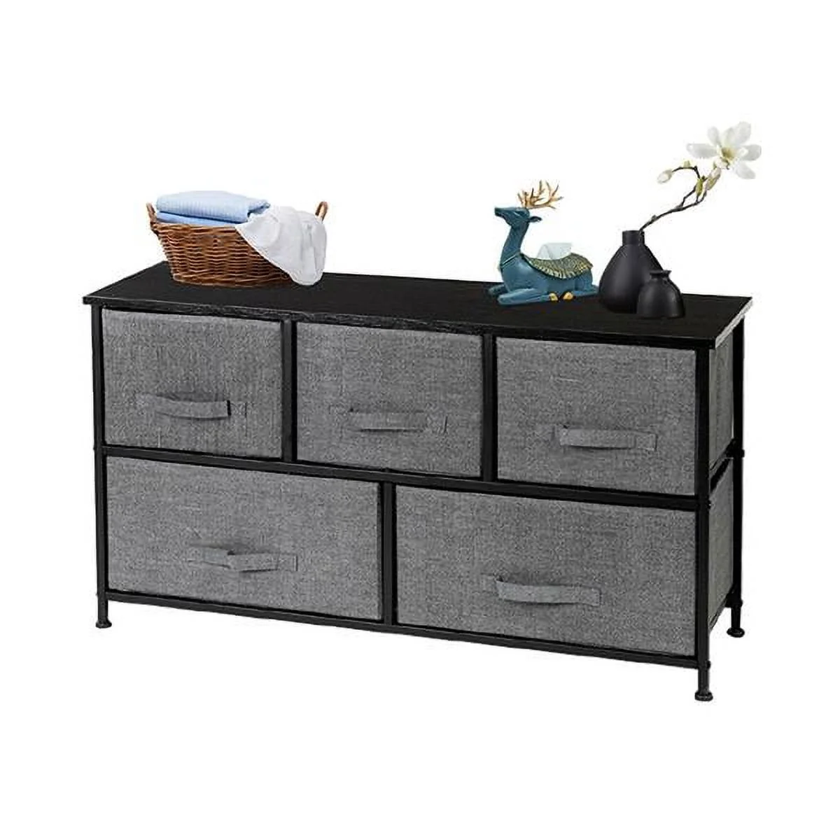 Bornmio 2-Tier Wide Closet Dresser, Nursery Dresser Tower with 5 Easy Pull Fabric Drawers and Metal Frame, Multi-Purpose Organizer Unit for Closets, Dorm Room, Living Room, Hallway, Grey