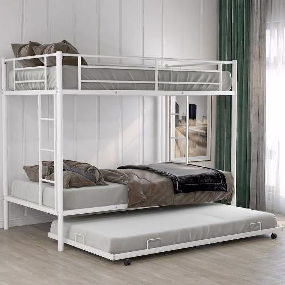 Twin Over Twin Metal Bunk Bed with Trundle, Twin Size Bunk Bed for Family, Kids, Teens,No Box Spring Needed