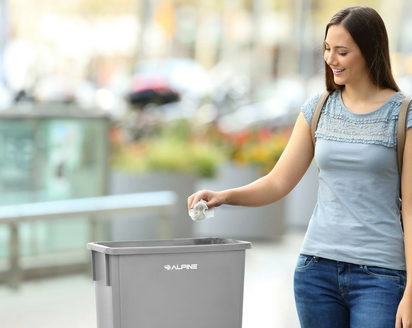 Alpine Industries 23 Gal Gray Slim Commercial Trash Can with Swing Lid Combo