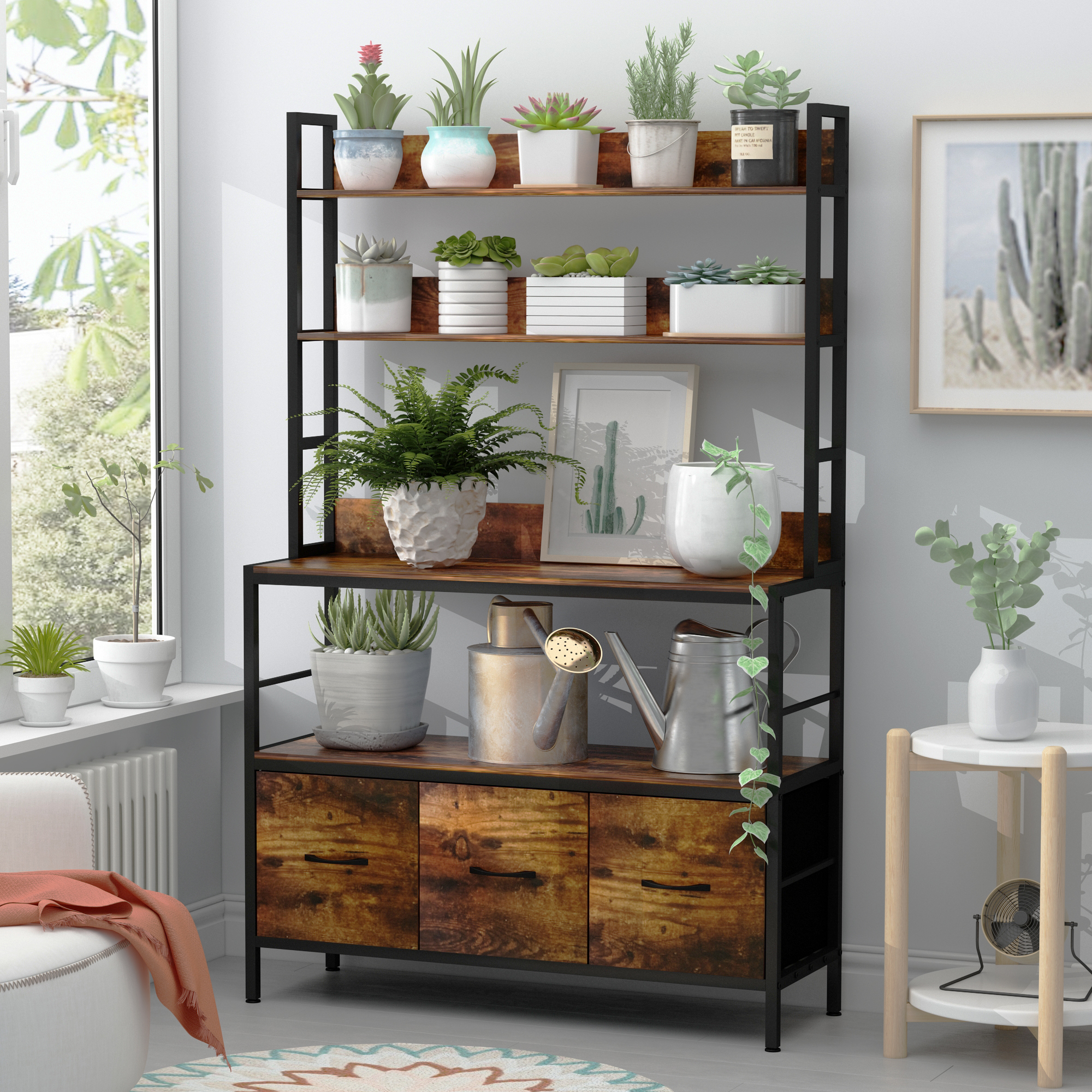 NAIYUFA 5 Tiers Bakers Rack Kitchen Organizer Wood Large Microwave Oven Stand With Baskets and Hooks ,Brown