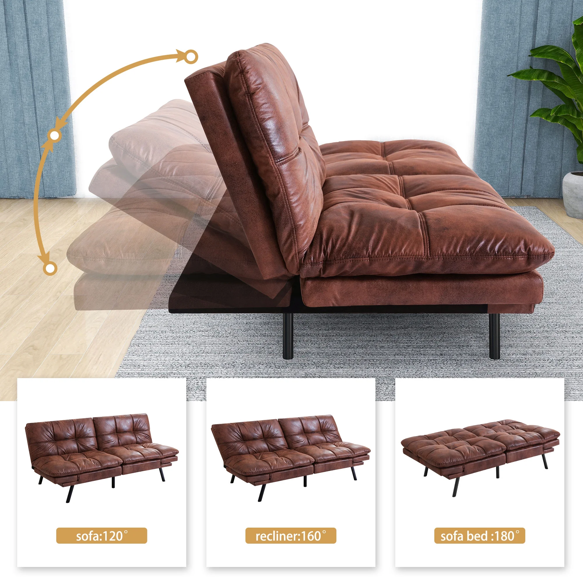 Airdown Sofa, with Armrests And Metal Legs, Convertible Futon Sofa Bed, Brown
